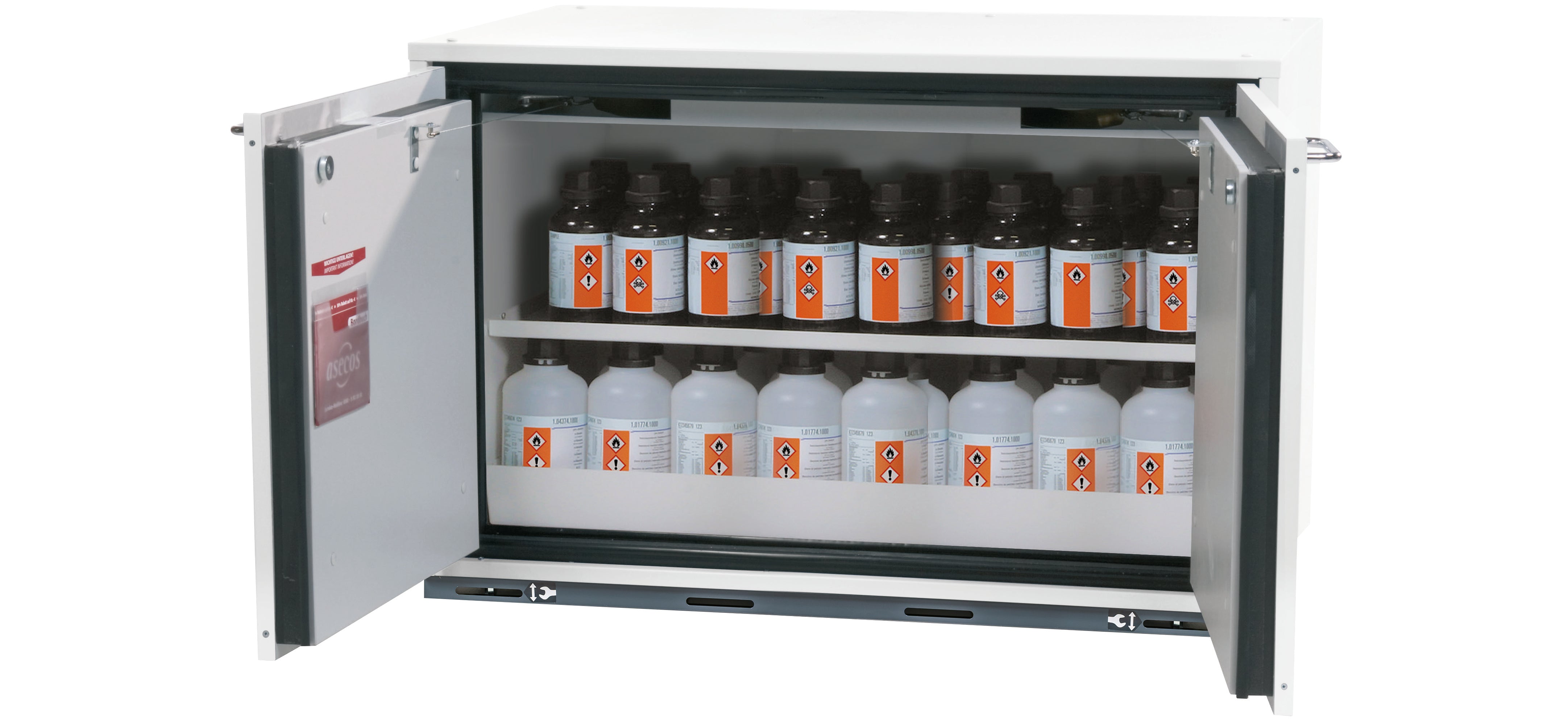 Typ 90 Sicherheitsunterbauschrank UB-T-90 Modell UB90.060.089.UL.2T in laborweiss (ähnl. RAL 9016) mit 1x Fachboden Standard (Stahlblech)