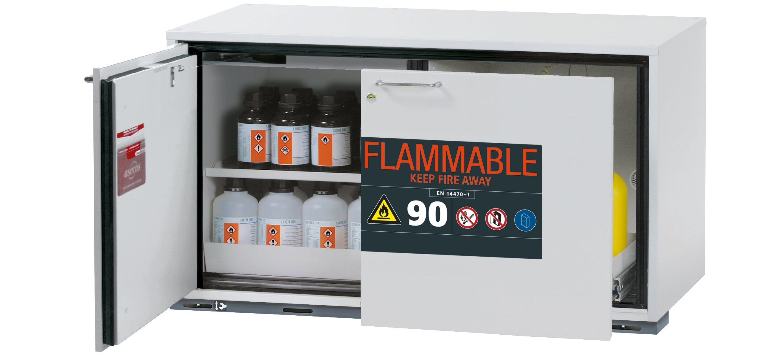 Typ 90 Sicherheitsunterbauschrank UB-ST-90 Modell UB90.060.110.050.UL.ST in lichtgrau RAL 7035 mit 1x Fachboden Standard (Stahlblech)