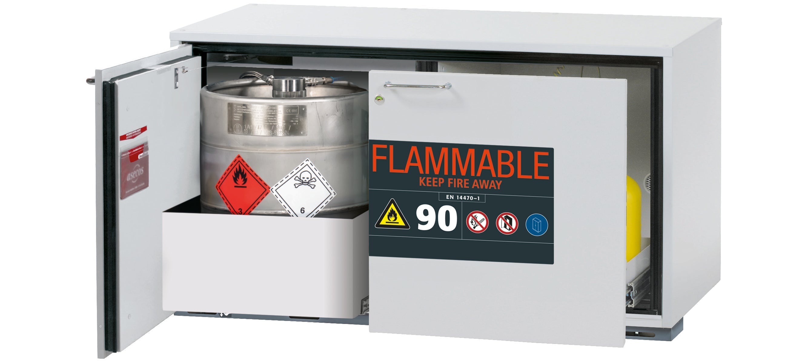 Typ 90 Sicherheitsunterbauschrank UB-ST-90 Modell UB90.060.110.UL.ST in lichtgrau RAL 7035 mit 1x Schubladenwanne STAWA-R (Stahlblech)