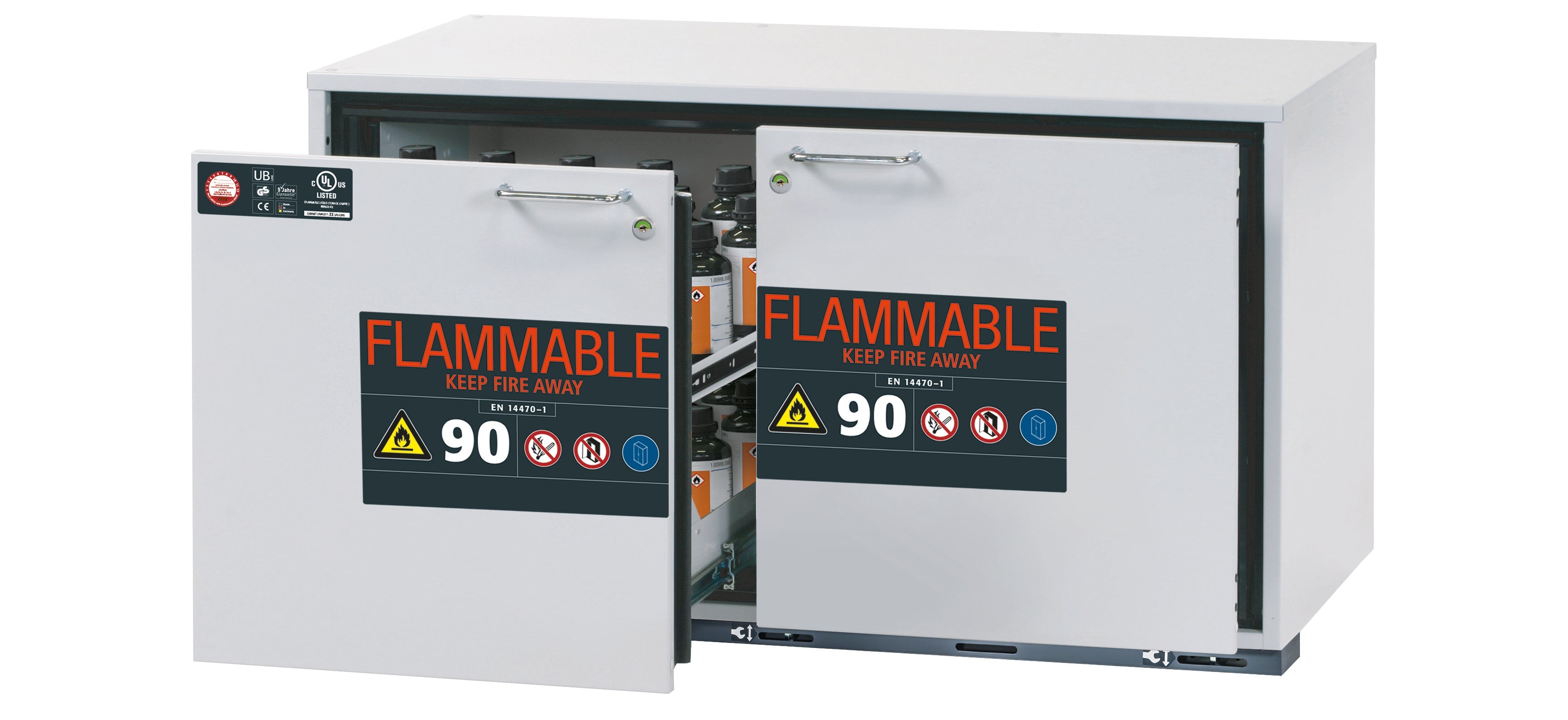 Typ 90 Sicherheitsunterbauschrank UB-S-90 Modell UB90.060.110.UL.2S in lichtgrau RAL 7035 mit 2x Schubladenwanne STAWA-R (Stahlblech)