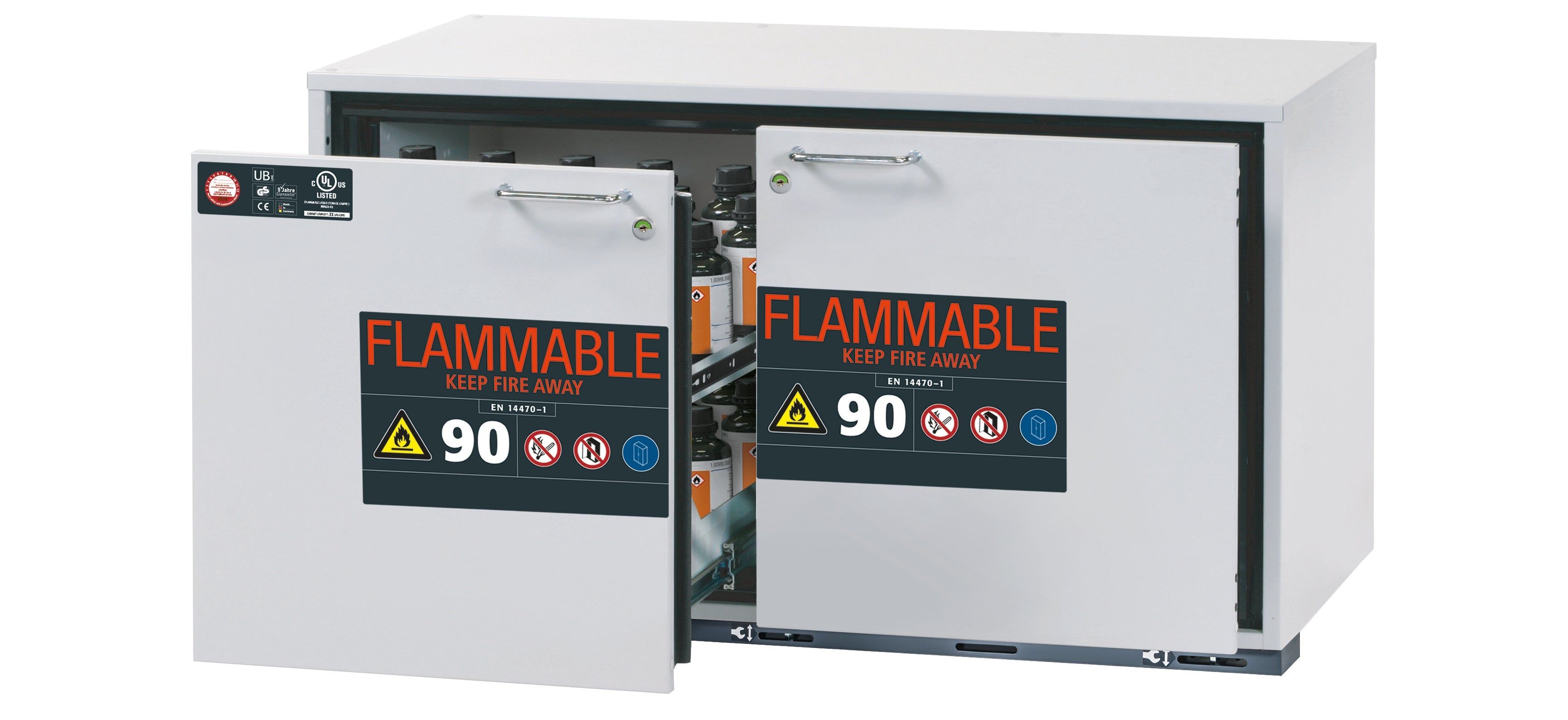Typ 90 Sicherheitsunterbauschrank UB-S-90 Modell UB90.060.110.UL.2S in lichtgrau RAL 7035 mit 2x Schubladenwanne STAWA-R (Edelstahl 1.4301)