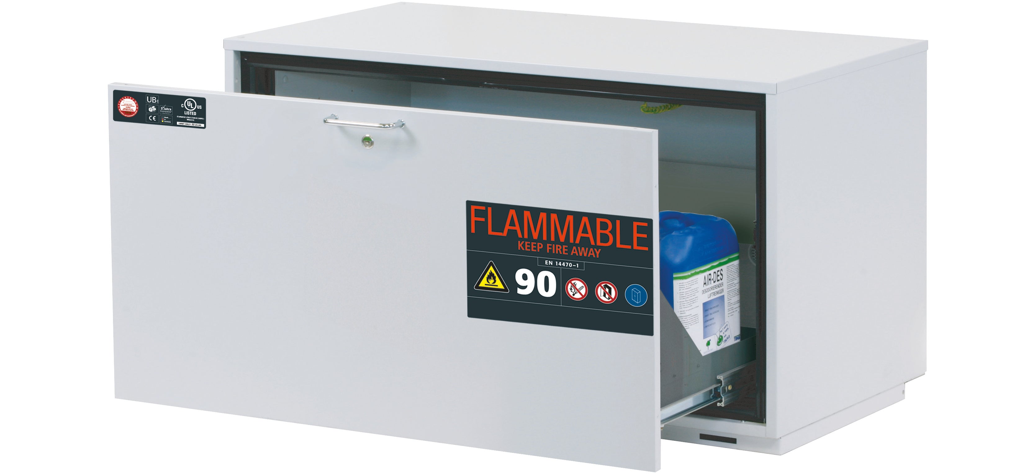 Typ 90 Sicherheitsunterbauschrank UB-S-90 Modell UB90.060.110.UL.S in lichtgrau RAL 7035 mit 1x Schubladenwanne STAWA-R (Edelstahl 1.4301)