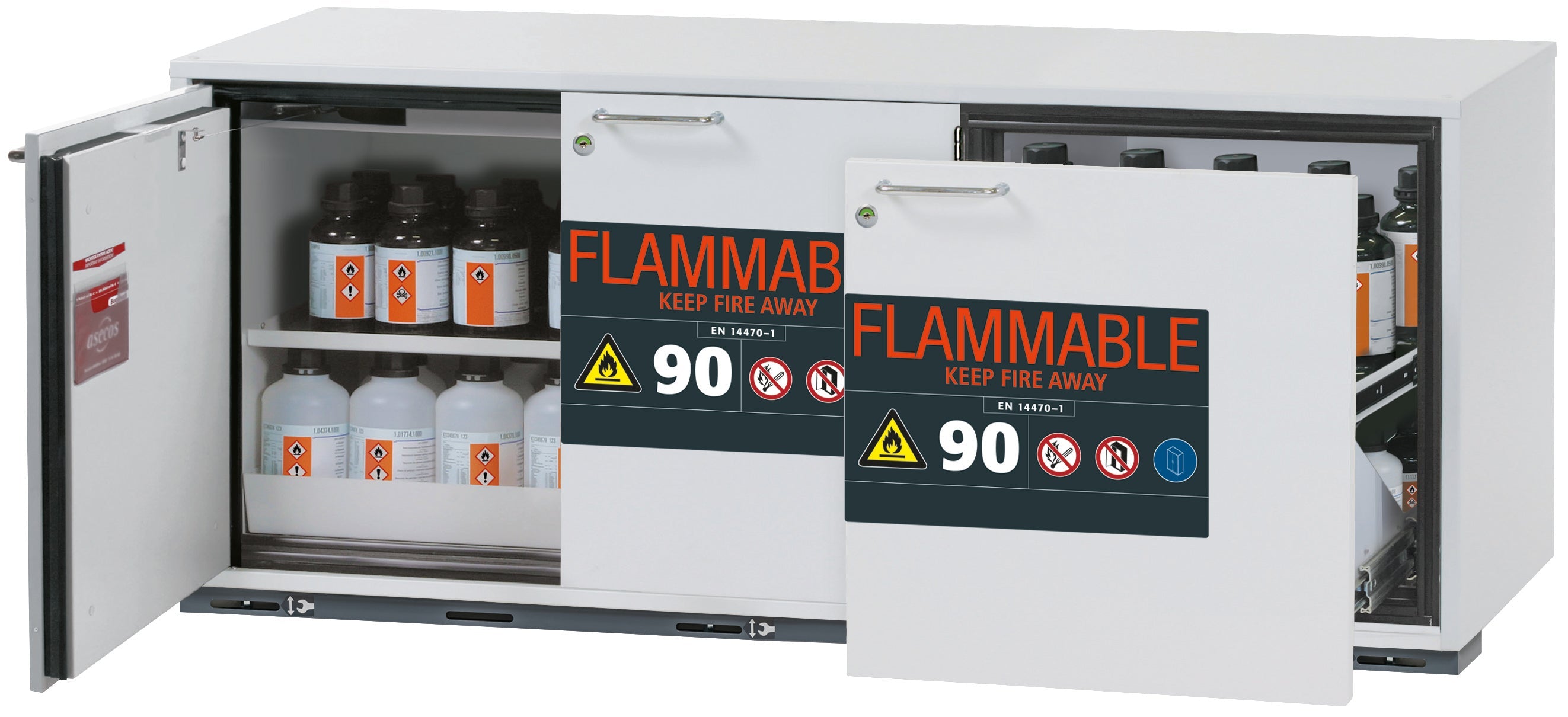 Typ 90 Sicherheitsunterbauschrank UB-ST-90 Modell UB90.060.140.UL.S2T in lichtgrau RAL 7035 mit 1x Fachboden Standard (Stahlblech)