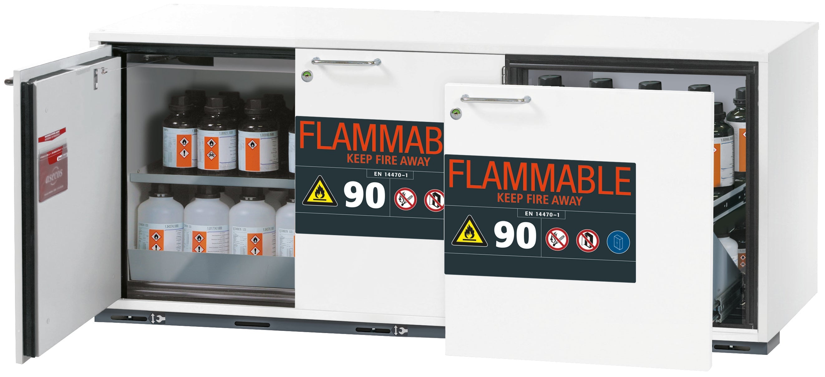 Typ 90 Sicherheitsunterbauschrank UB-ST-90 Modell UB90.060.140.UL.S2T in laborweiss (ähnl. RAL 9016) mit 1x Fachboden Standard (Edelstahl 1.4301)