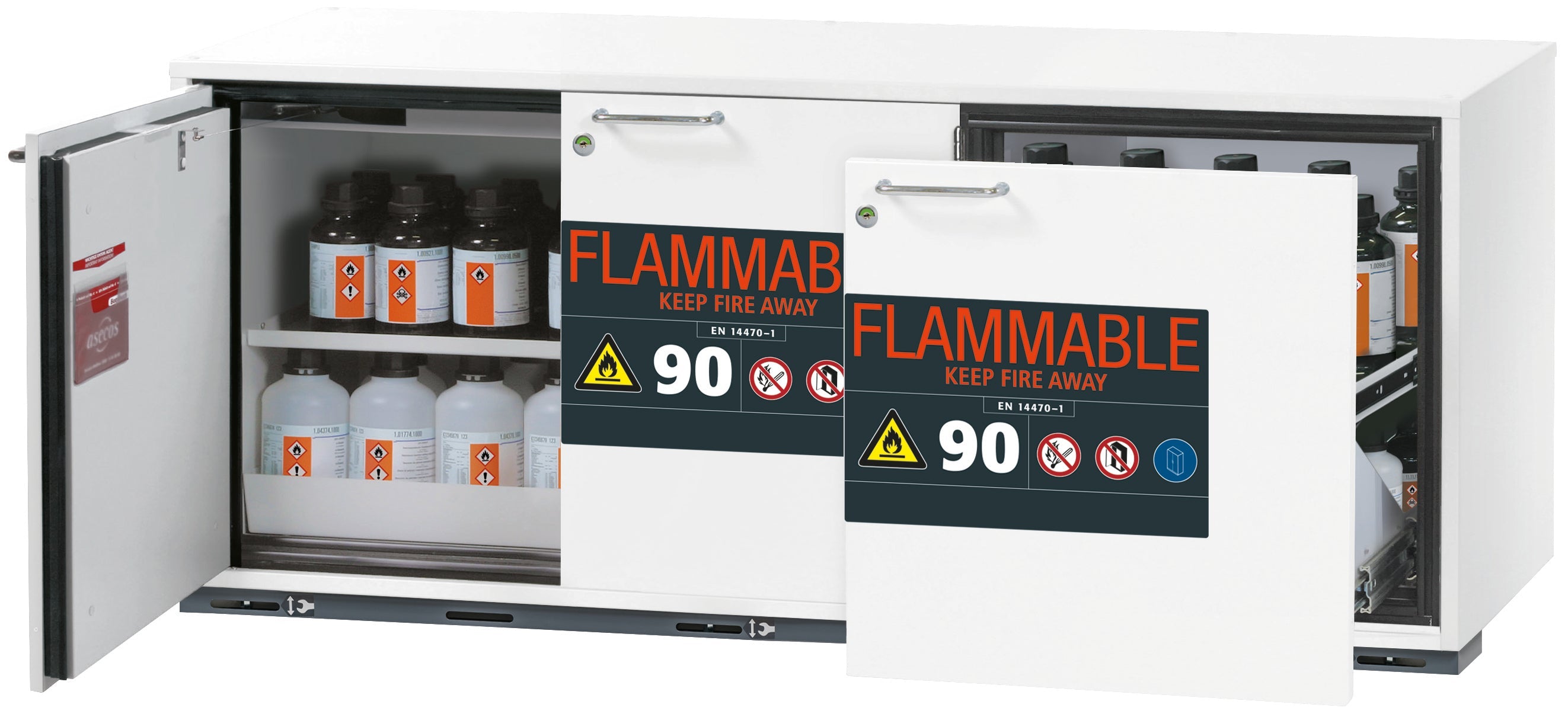 Typ 90 Sicherheitsunterbauschrank UB-ST-90 Modell UB90.060.140.UL.S2T in laborweiss (ähnl. RAL 9016) mit 1x Fachboden Standard (Stahlblech)