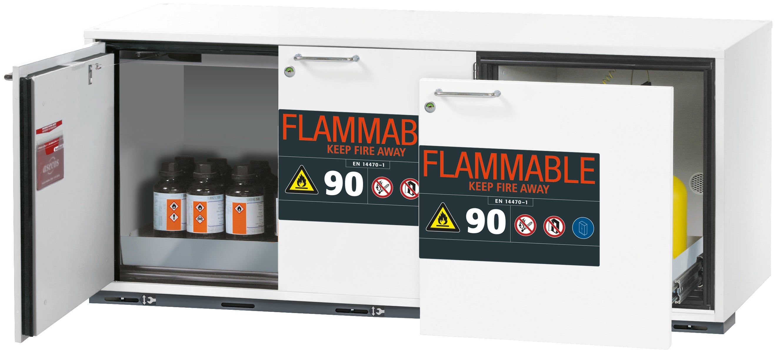 Typ 90 Sicherheitsunterbauschrank UB-ST-90 Modell UB90.060.140.UL.S2T in laborweiss (ähnl. RAL 9016) mit 1x Lochblecheinsatz Standard (Edelstahl 1.4016)