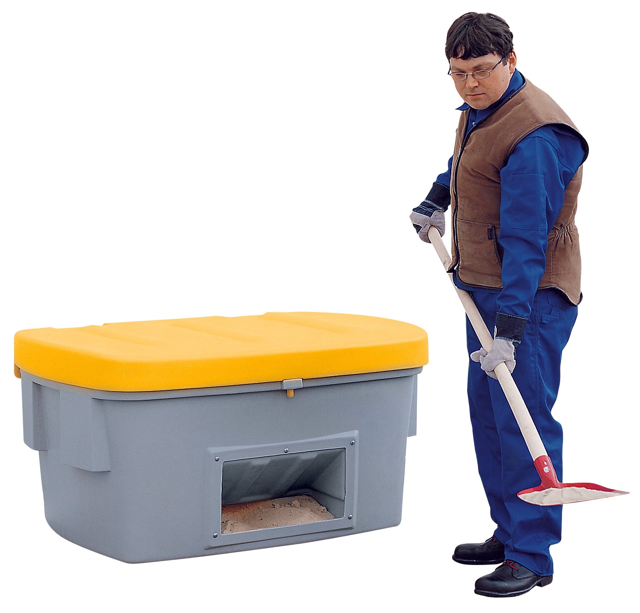Grit container PE with dispensing hatch yellow, 700 L, polyethylen