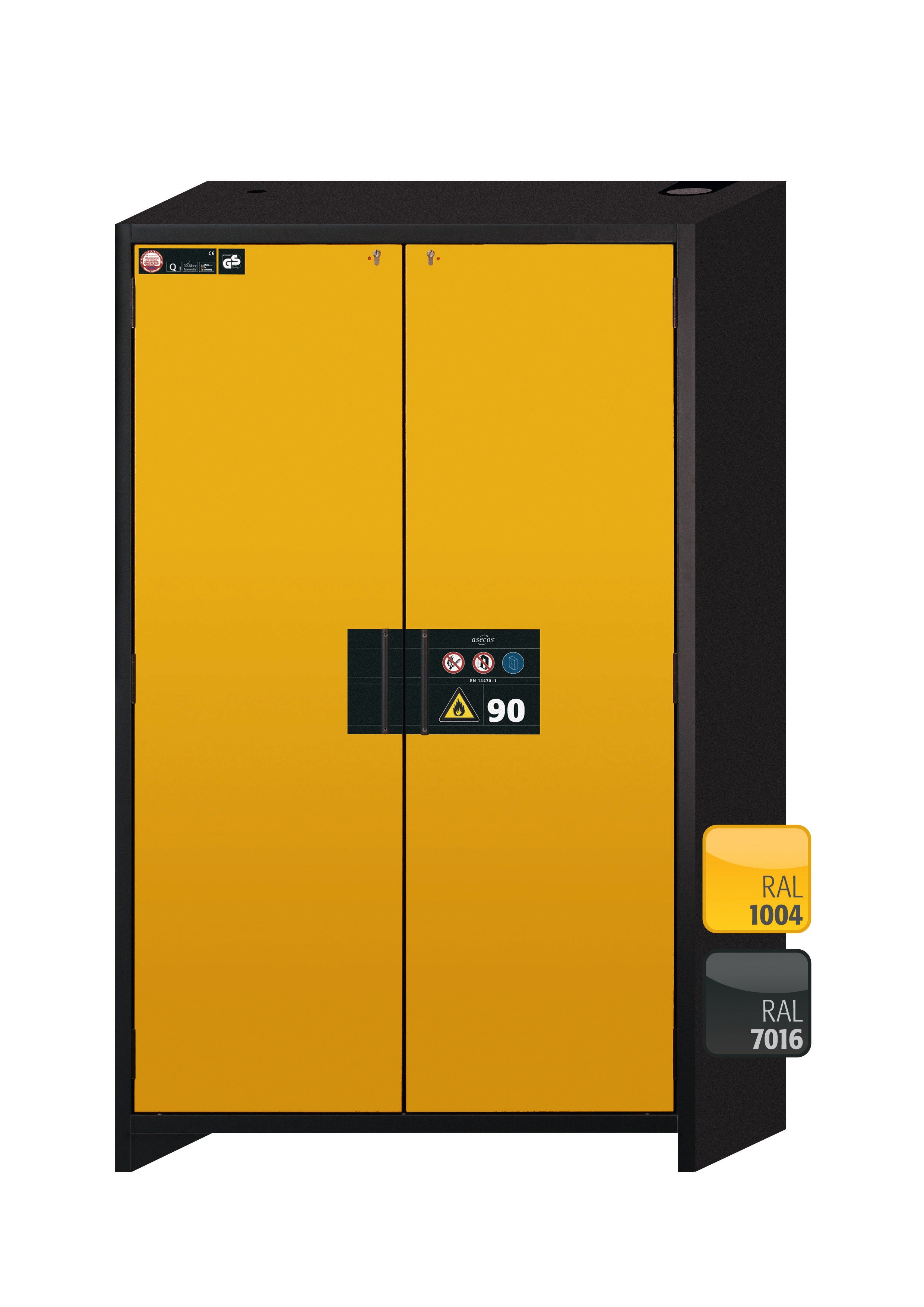 Type 90 safety storage cabinet Q-CLASSIC-90 model Q90.195.120 in warning yellow RAL 1004 with 2x shelf standard (stainless steel 1.4301),