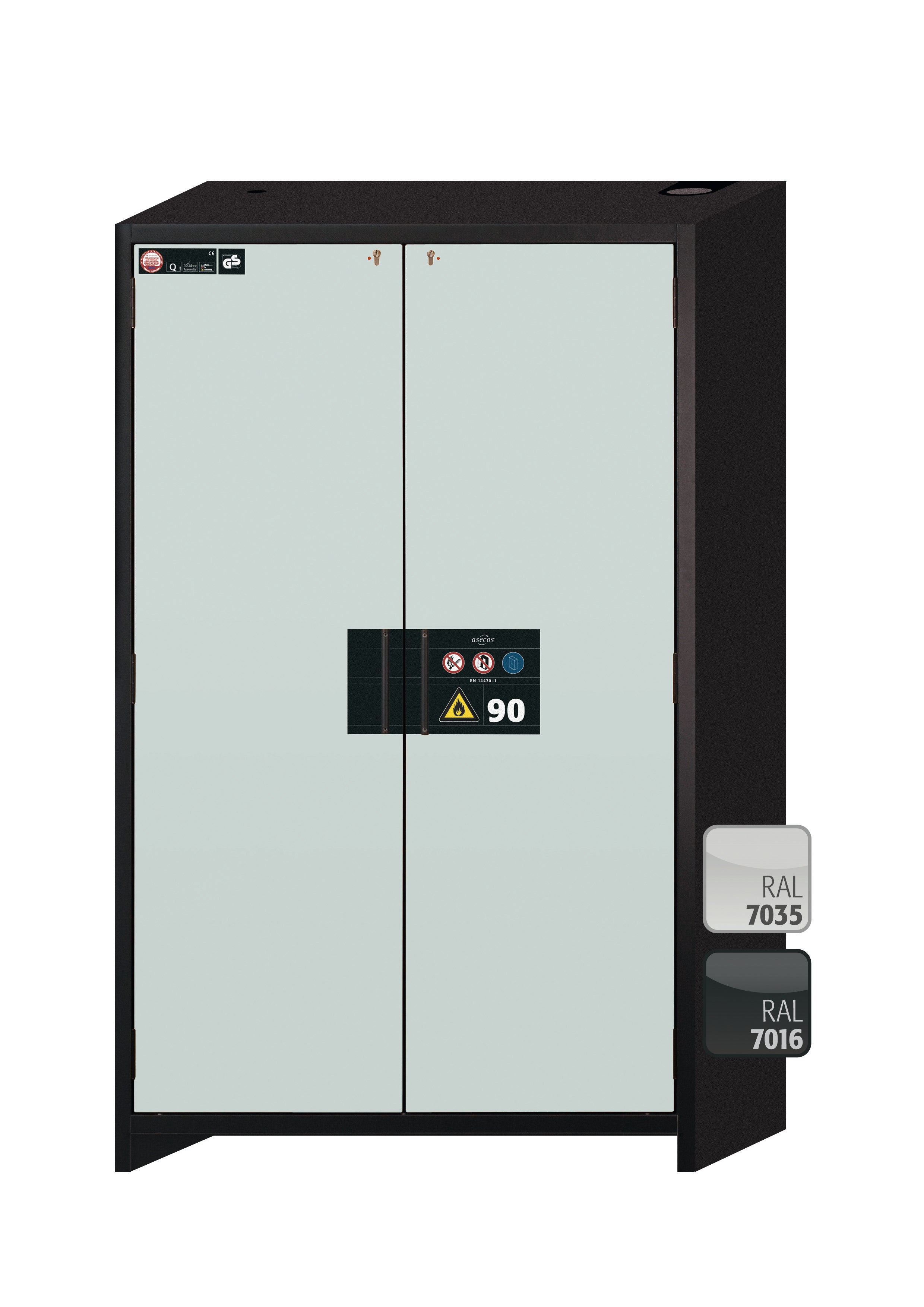 Typ 90 Sicherheitsschrank Q-CLASSIC-90 Modell Q90.195.120 in lichtgrau RAL 7035 mit 3x Auszugswanne Standard (Edelstahl 1.4301)