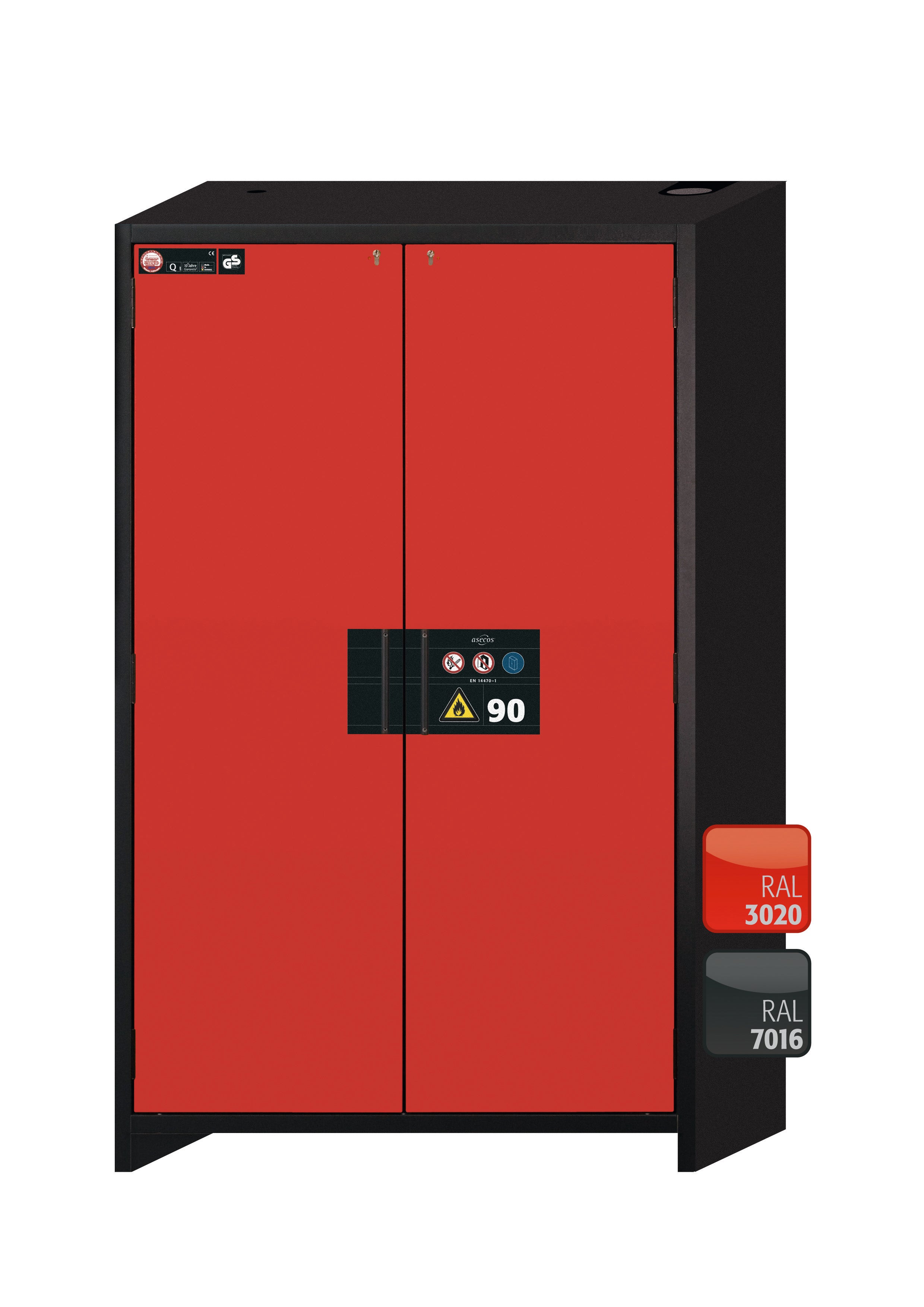 Type 90 safety storage cabinet Q-CLASSIC-90 model Q90.195.120 in traffic red RAL 3020 with 2x shelf standard (sheet steel),