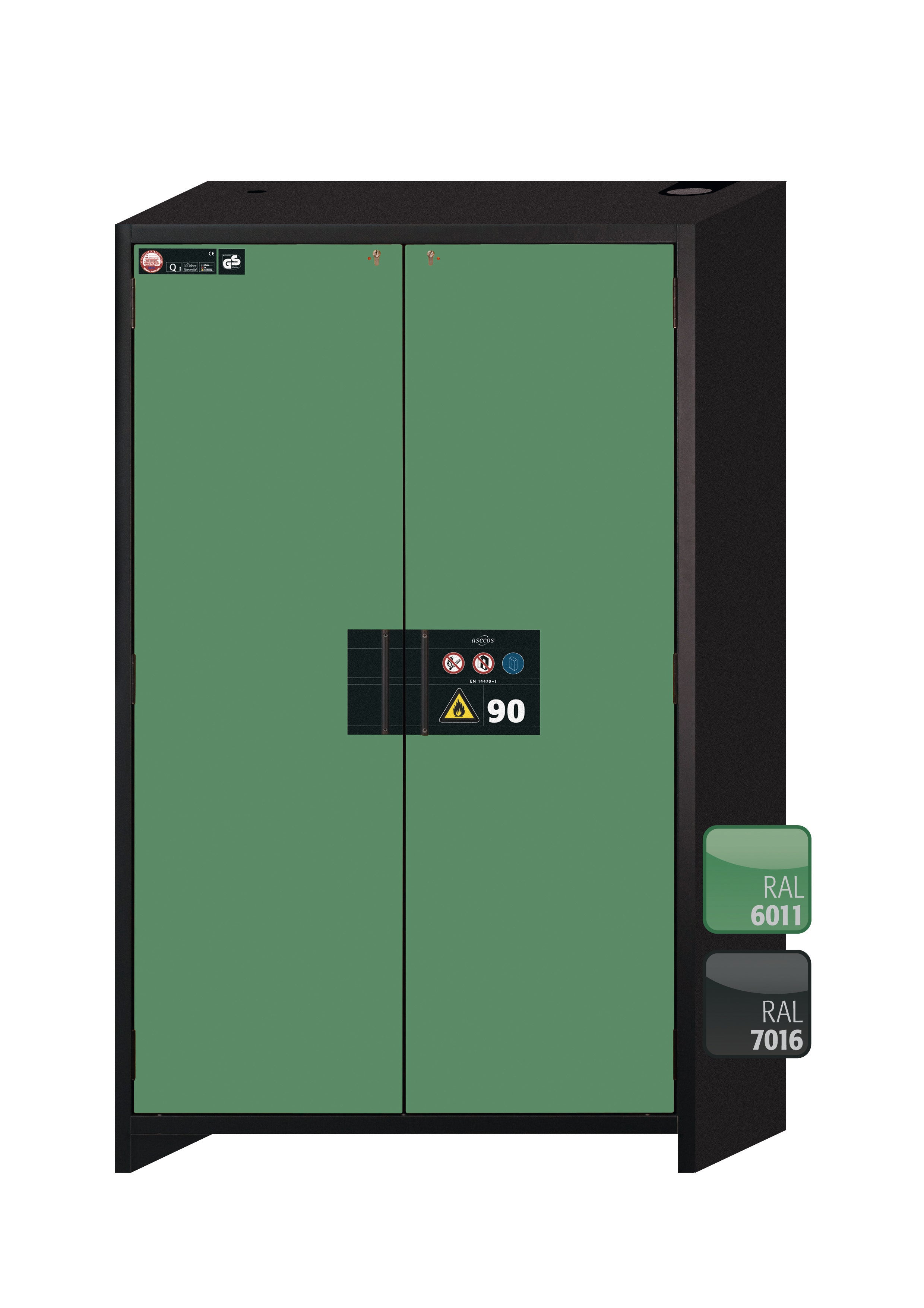 Type 90 safety storage cabinet Q-CLASSIC-90 model Q90.195.120 in reseda green RAL 6011 with 2x shelf standard (stainless steel 1.4301),