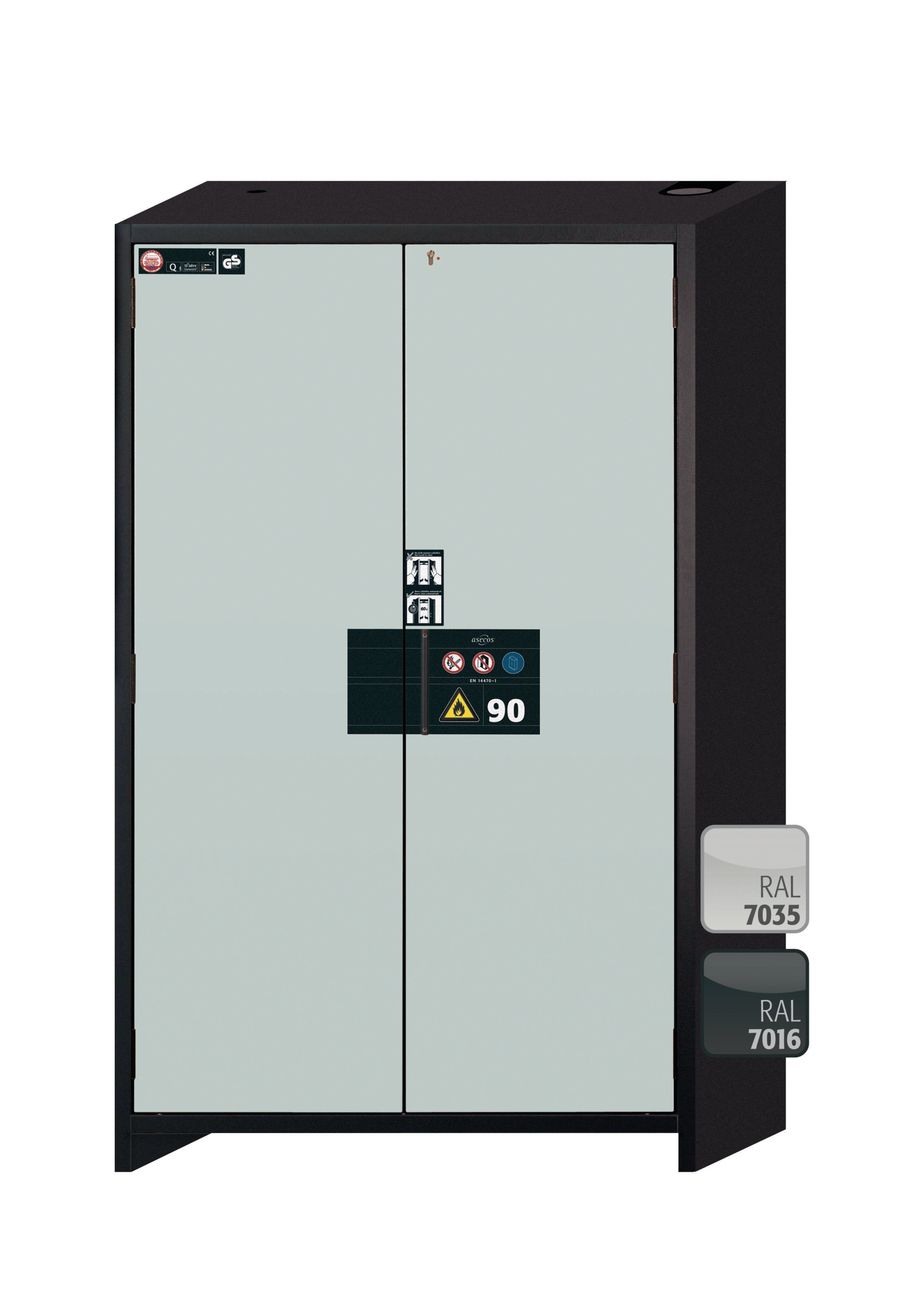 Type 90 safety storage cabinet Q-PEGASUS-90 model Q90.195.120.WDAC in light grey RAL 7035 with 2x shelf standard (sheet steel),