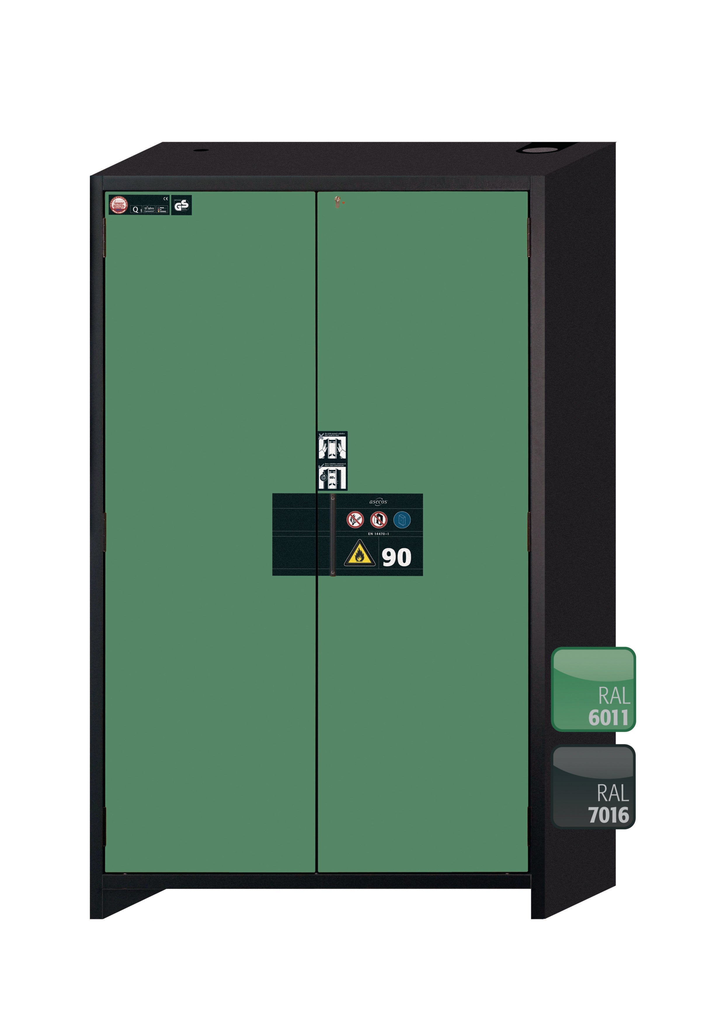 Type 90 safety storage cabinet Q-PEGASUS-90 model Q90.195.120.WDAC in reseda green RAL 6011 with 2x drawer (standard) (sheet steel),