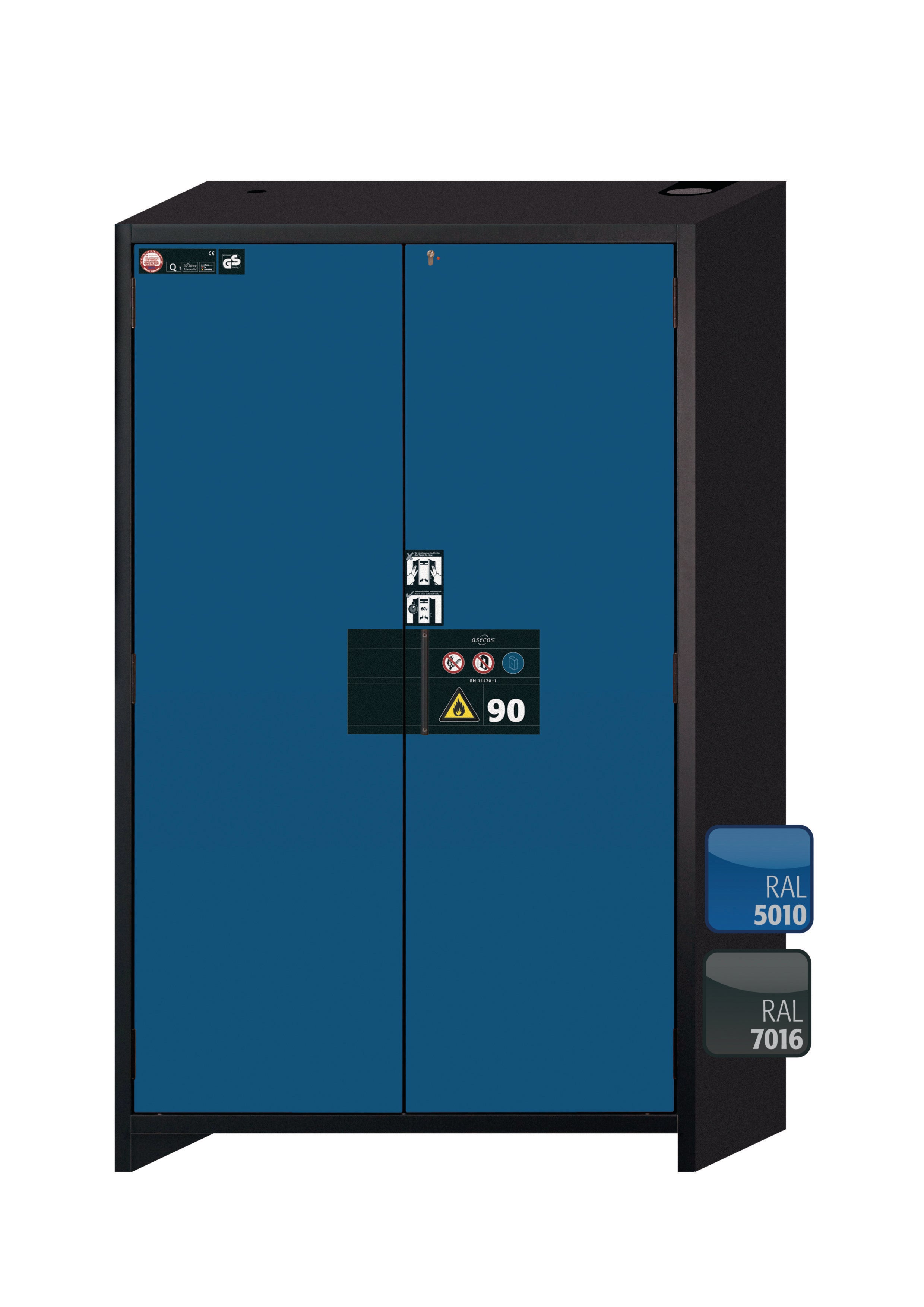 Type 90 safety storage cabinet Q-PEGASUS-90 model Q90.195.120.WDAC in gentian blue RAL 5010 with 2x tray shelf (standard) (polypropylene),