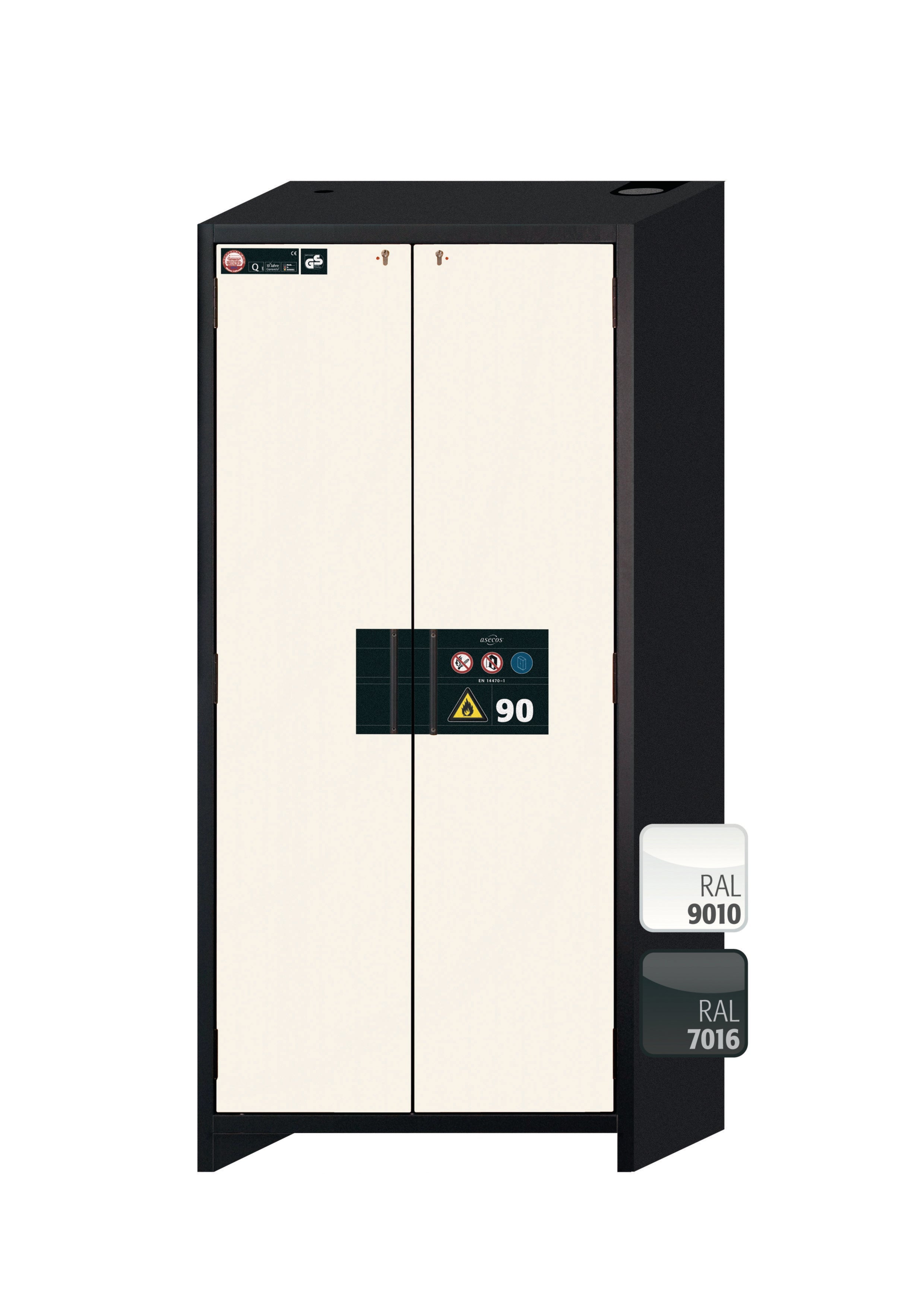 Type 90 safety storage cabinet Q-CLASSIC-90 model Q90.195.090 in pure white RAL 9010 with 5x drawer (standard) (stainless steel 1.4301),