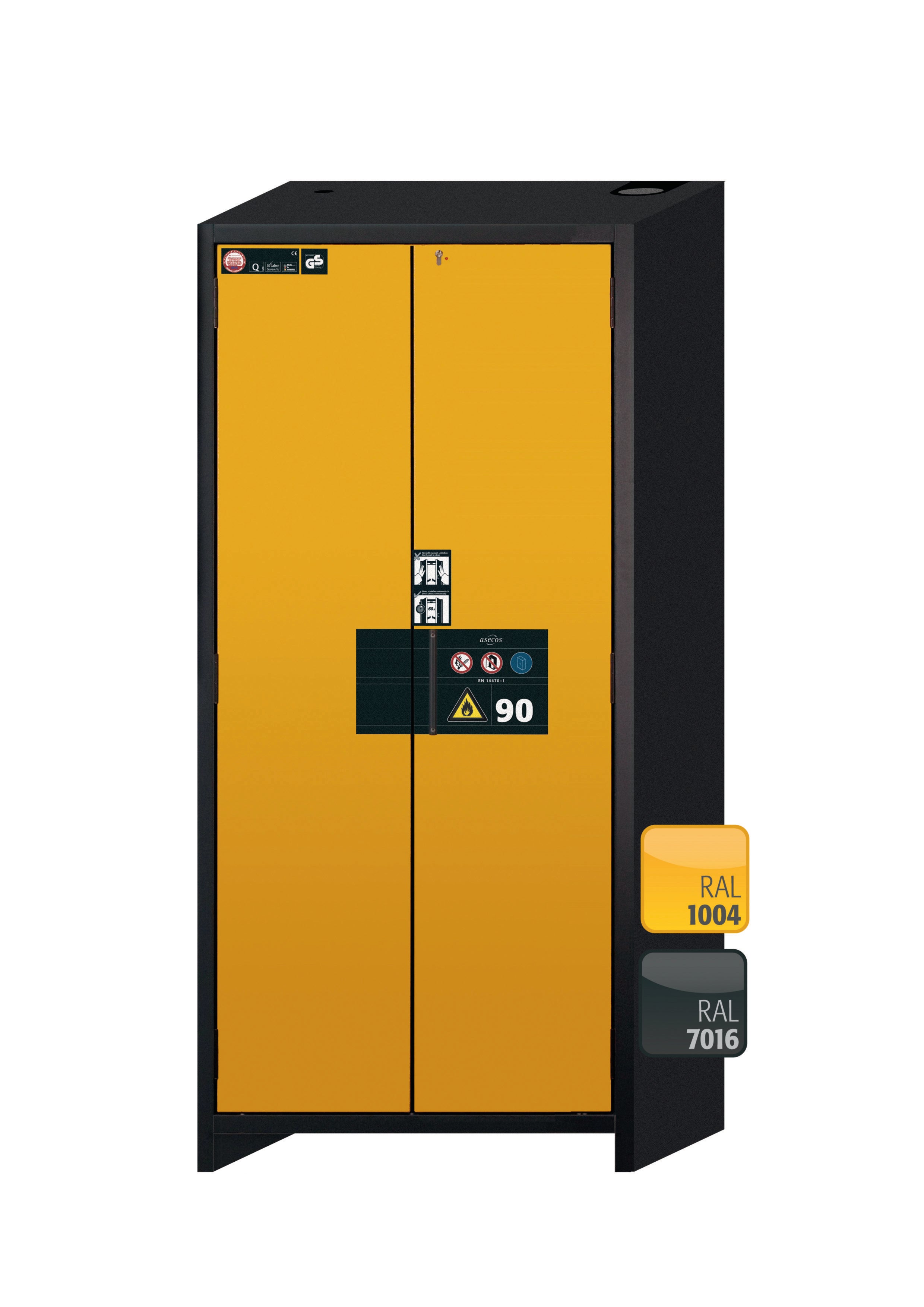 Typ 90 Sicherheitsschrank Q-PEGASUS-90 Modell Q90.195.090.WDAC in sicherheitsgelb RAL 1004 mit 5x Auszugswanne Standard (Stahlblech)