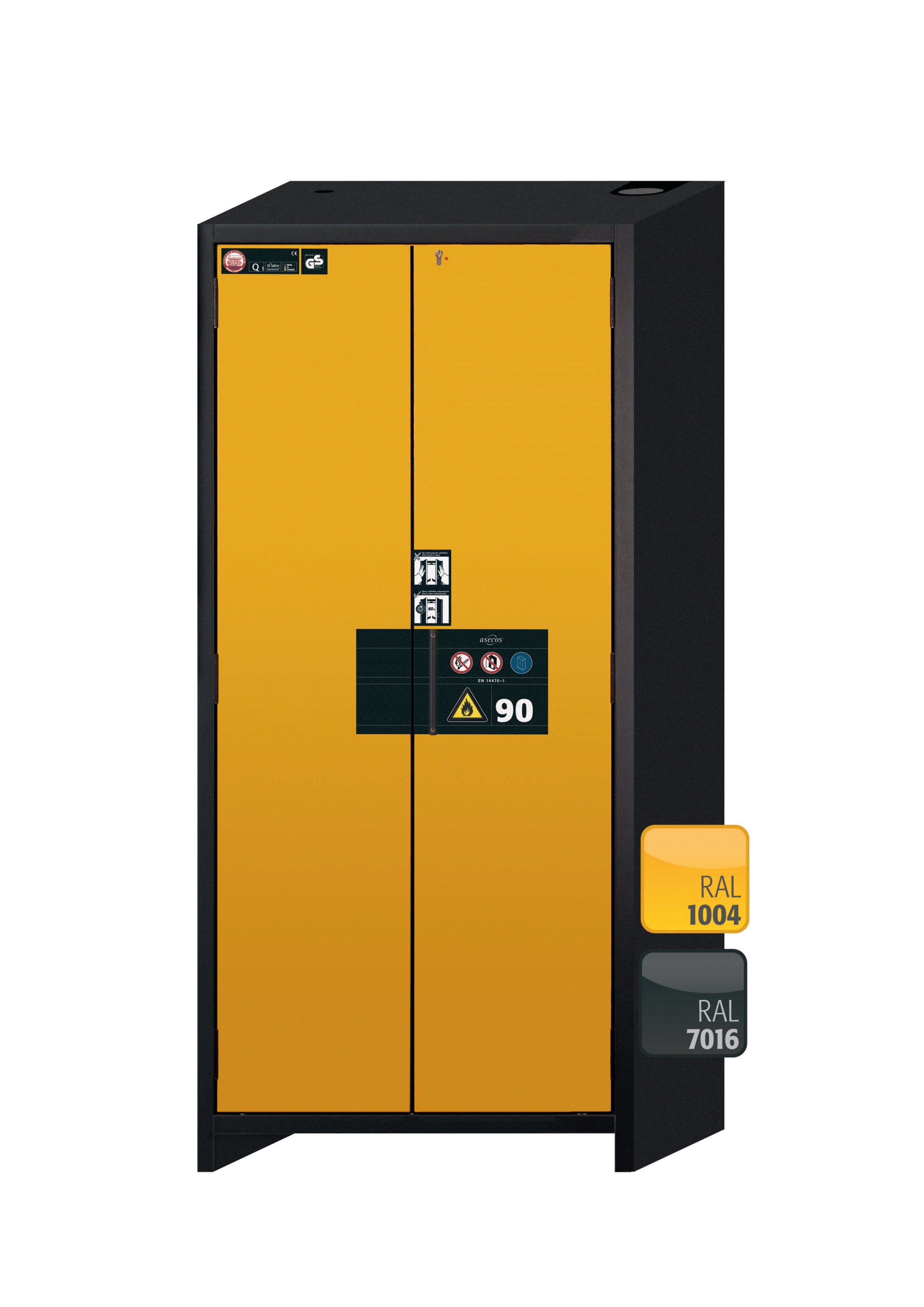 Type 90 safety storage cabinet Q-PEGASUS-90 model Q90.195.090.WDAC in warning yellow RAL 1004 with 6x drawer (standard) (stainless steel 1.4301),