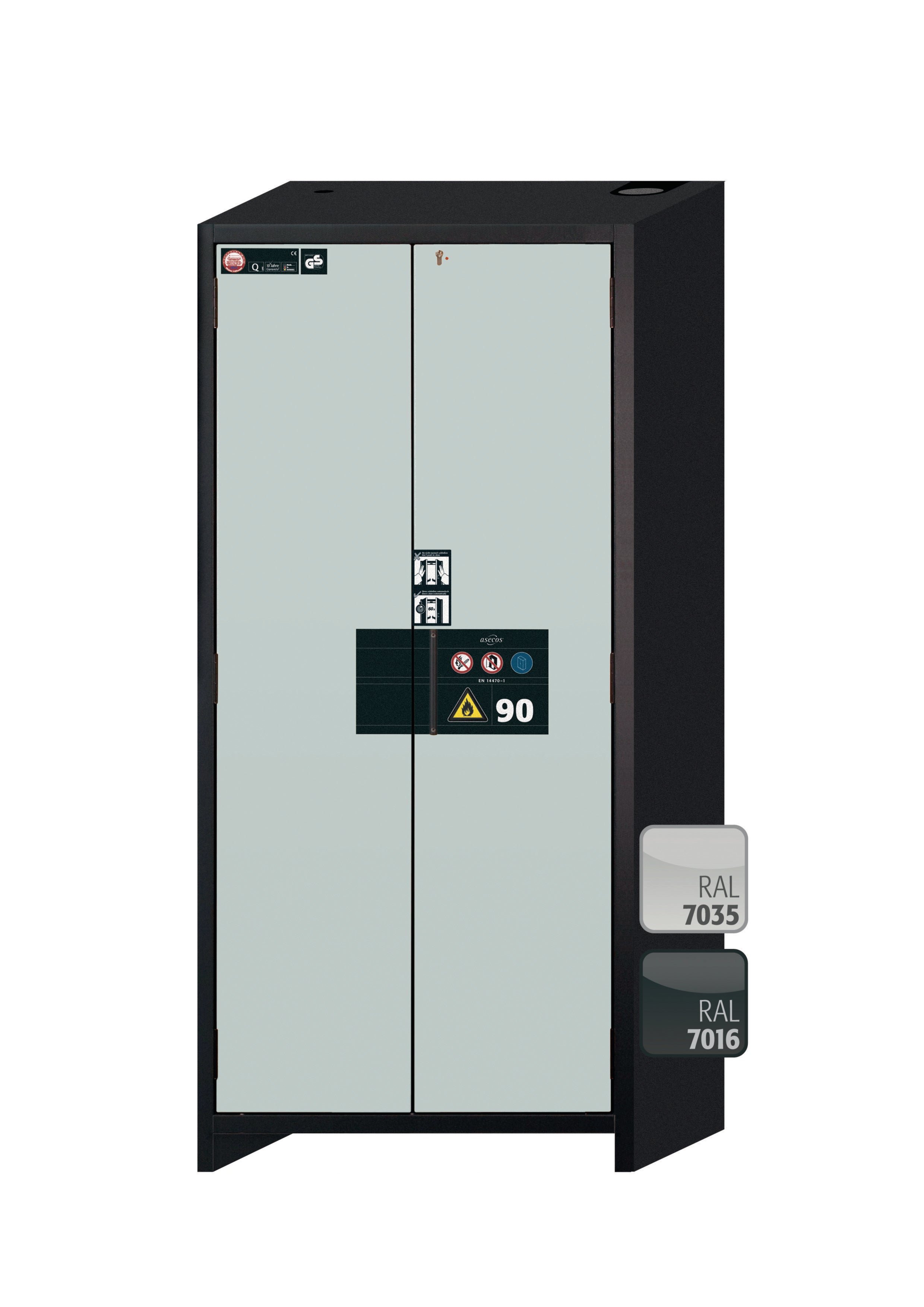 Typ 90 Sicherheitsschrank Q-PEGASUS-90 Modell Q90.195.090.WDAC in lichtgrau RAL 7035 mit 5x Auszugswanne Standard (Stahlblech)