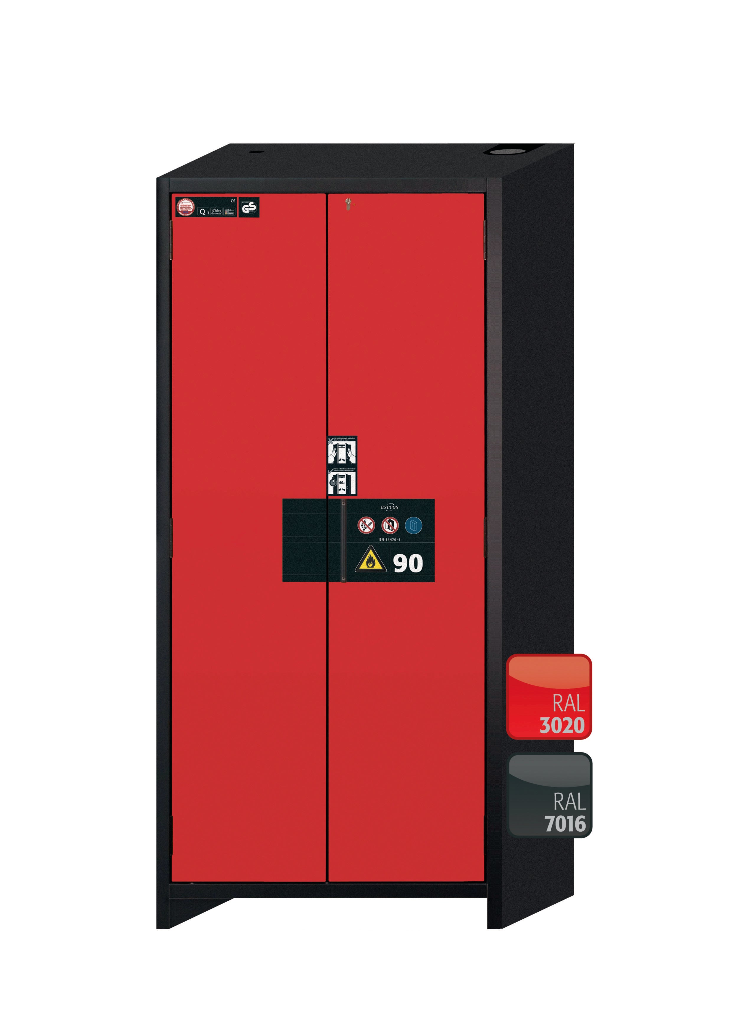 Type 90 safety storage cabinet Q-PEGASUS-90 model Q90.195.090.WDAC in traffic red RAL 3020 with 5x drawer (standard) (stainless steel 1.4301),