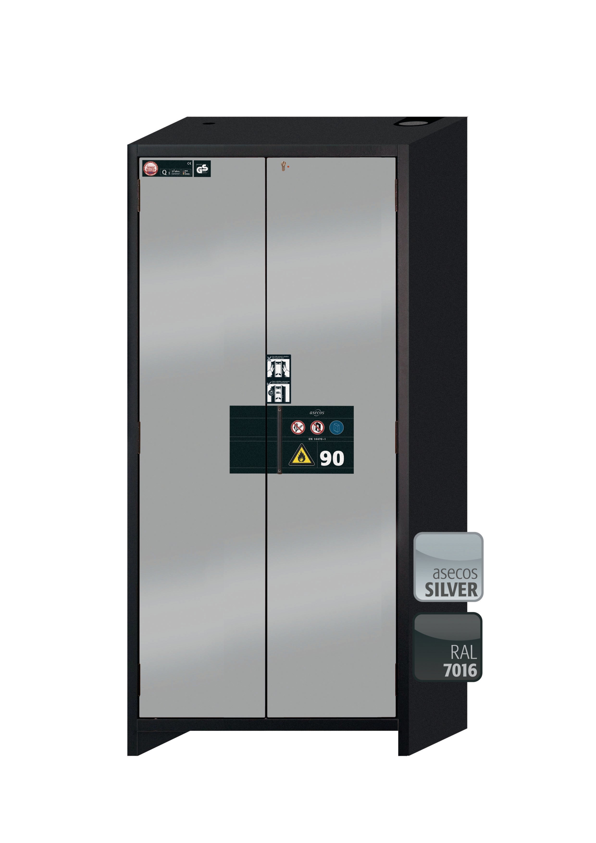 Typ 90 Sicherheitsschrank Q-PEGASUS-90 Modell Q90.195.090.WDAC in asecos Silber mit 4x Auszugswanne Standard (Edelstahl 1.4301)