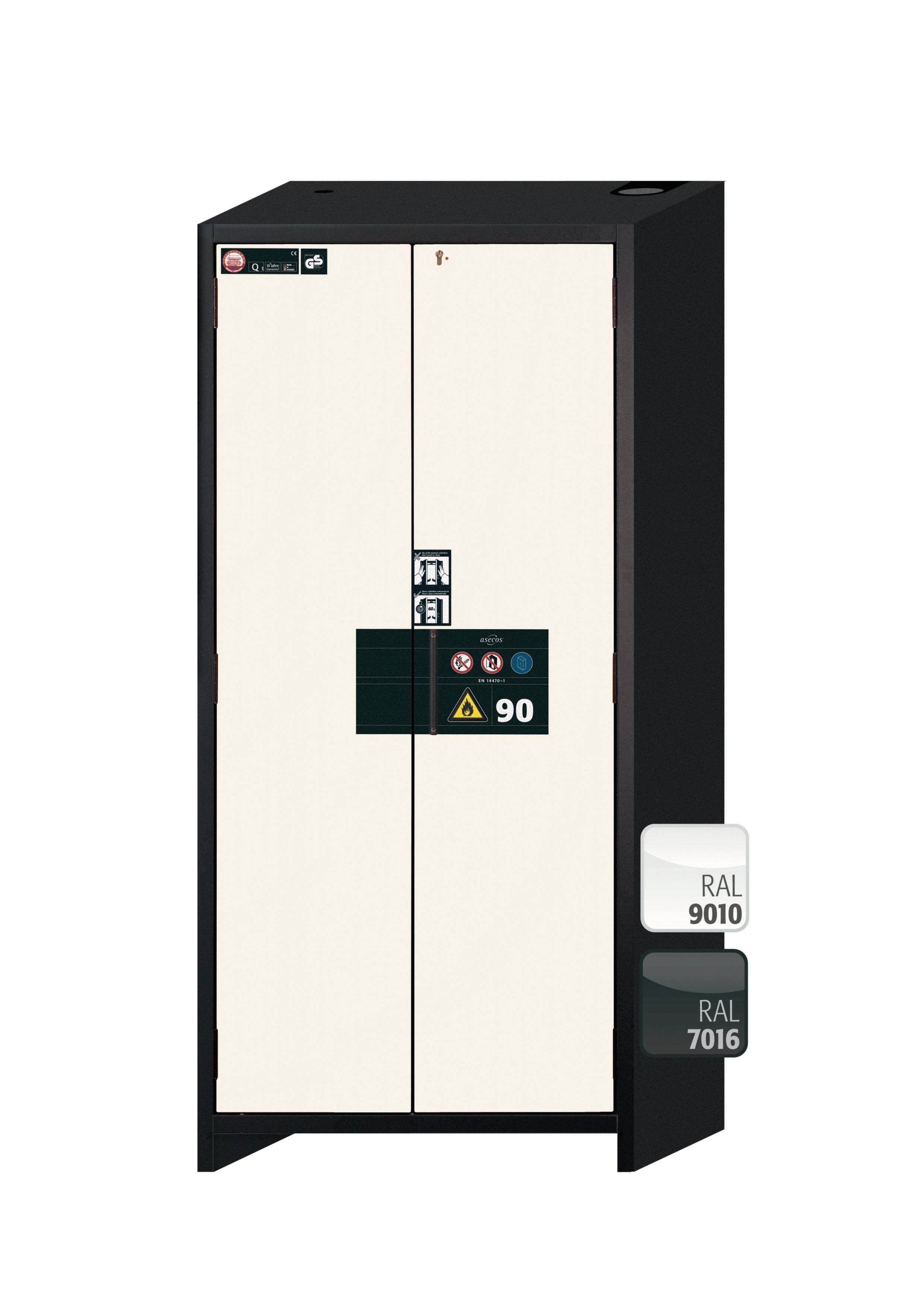 Typ 90 Sicherheitsschrank Q-PEGASUS-90 Modell Q90.195.090.WDAC in reinweiss RAL 9010 mit 5x Auszugswanne Standard (Edelstahl 1.4301)