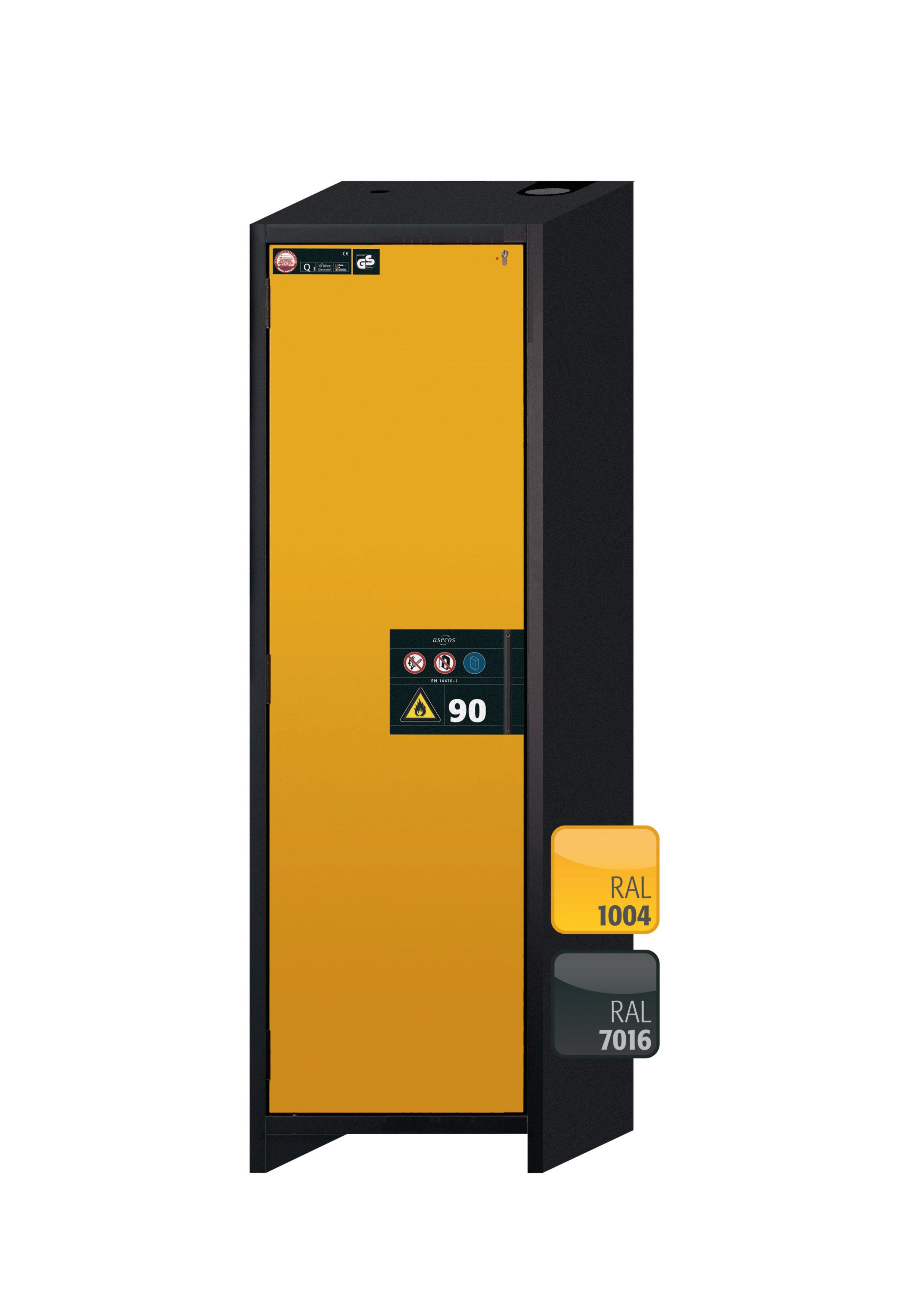 Typ 90 Sicherheitsschrank Q-CLASSIC-90 Modell Q90.195.060 in sicherheitsgelb RAL 1004 mit 4x Auszugswanne Standard (Edelstahl 1.4301)