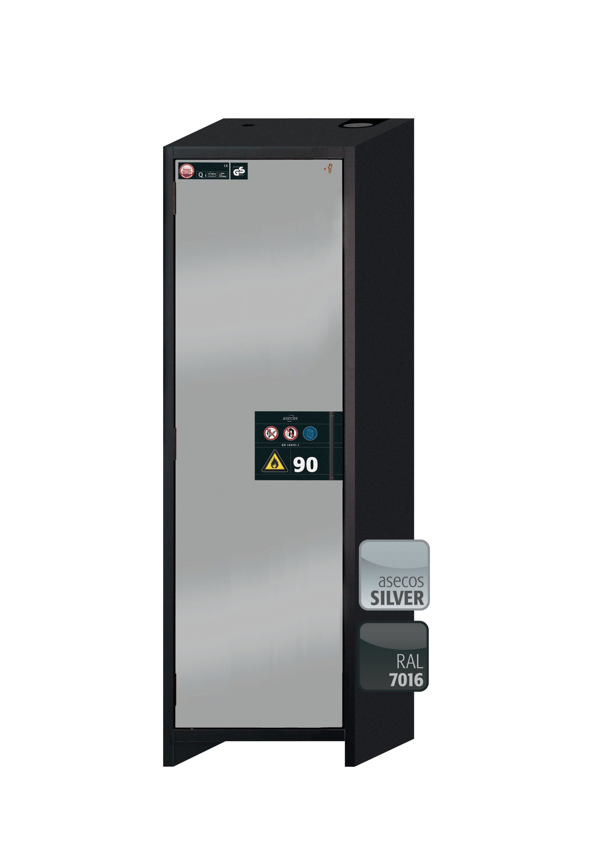 Typ 90 Sicherheitsschrank Q-CLASSIC-90 Modell Q90.195.060 in asecos Silber mit 2x Fachboden Standard (Edelstahl 1.4301)