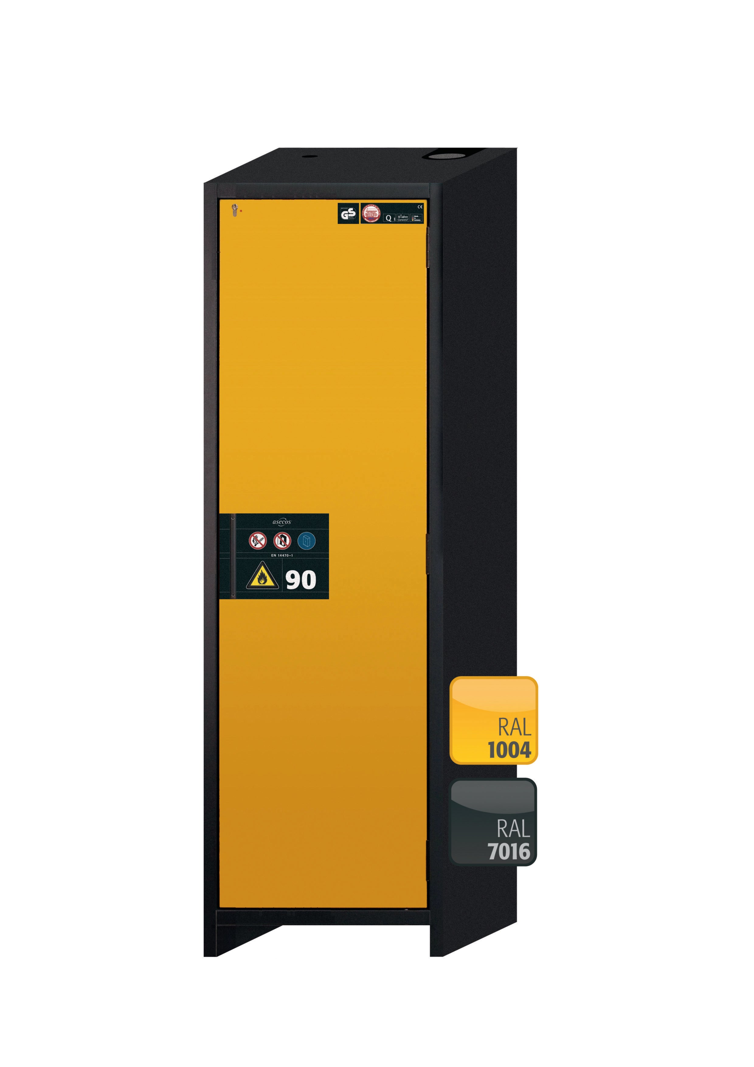 Typ 90 Sicherheitsschrank Q-PEGASUS-90 Modell Q90.195.060.WDACR in sicherheitsgelb RAL 1004 mit 5x Auszugswanne Standard (Edelstahl 1.4301)