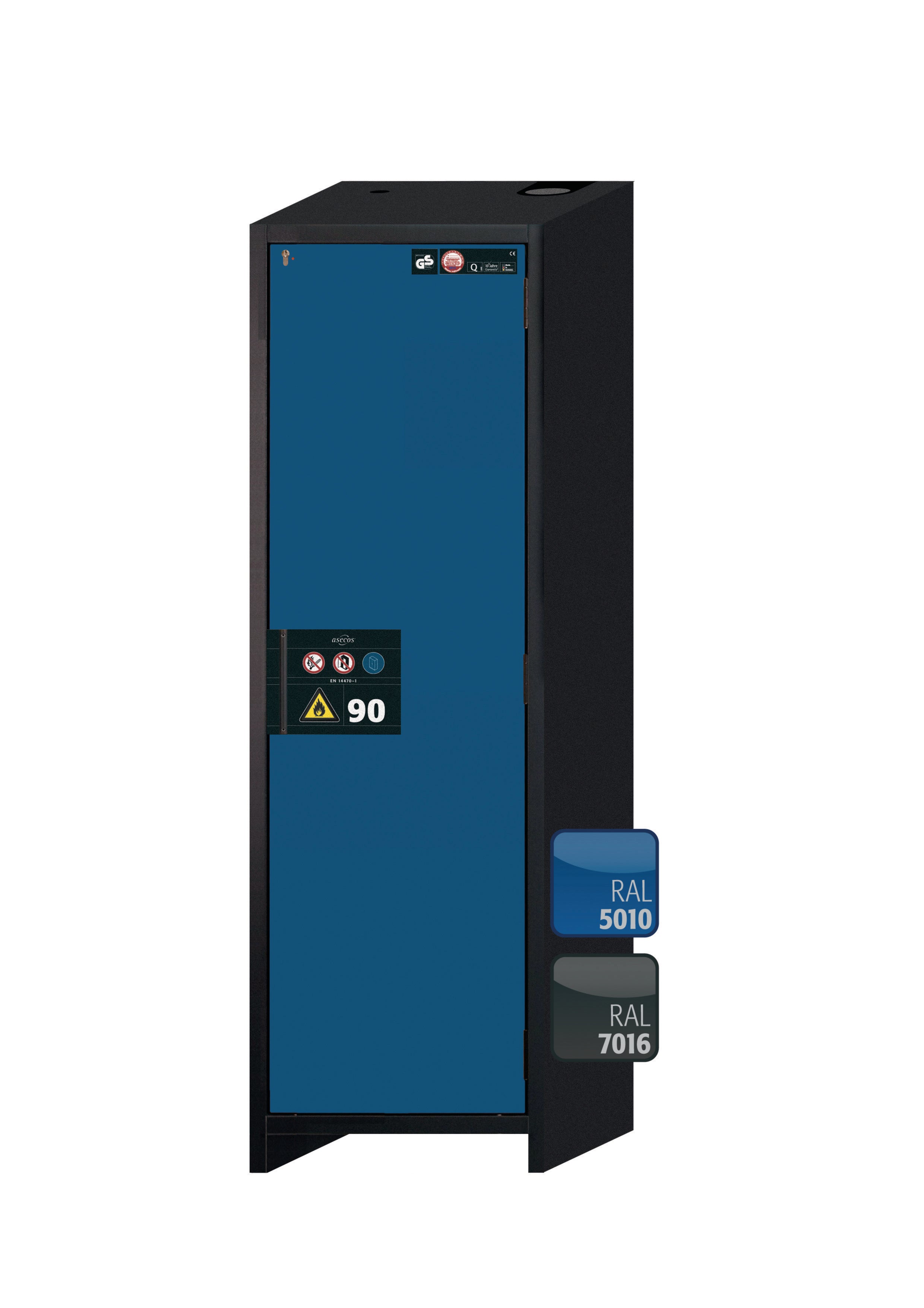 Typ 90 Sicherheitsschrank Q-PEGASUS-90 Modell Q90.195.060.WDACR in enzianblau RAL 5010 mit 6x Auszugswanne Standard (Stahlblech)