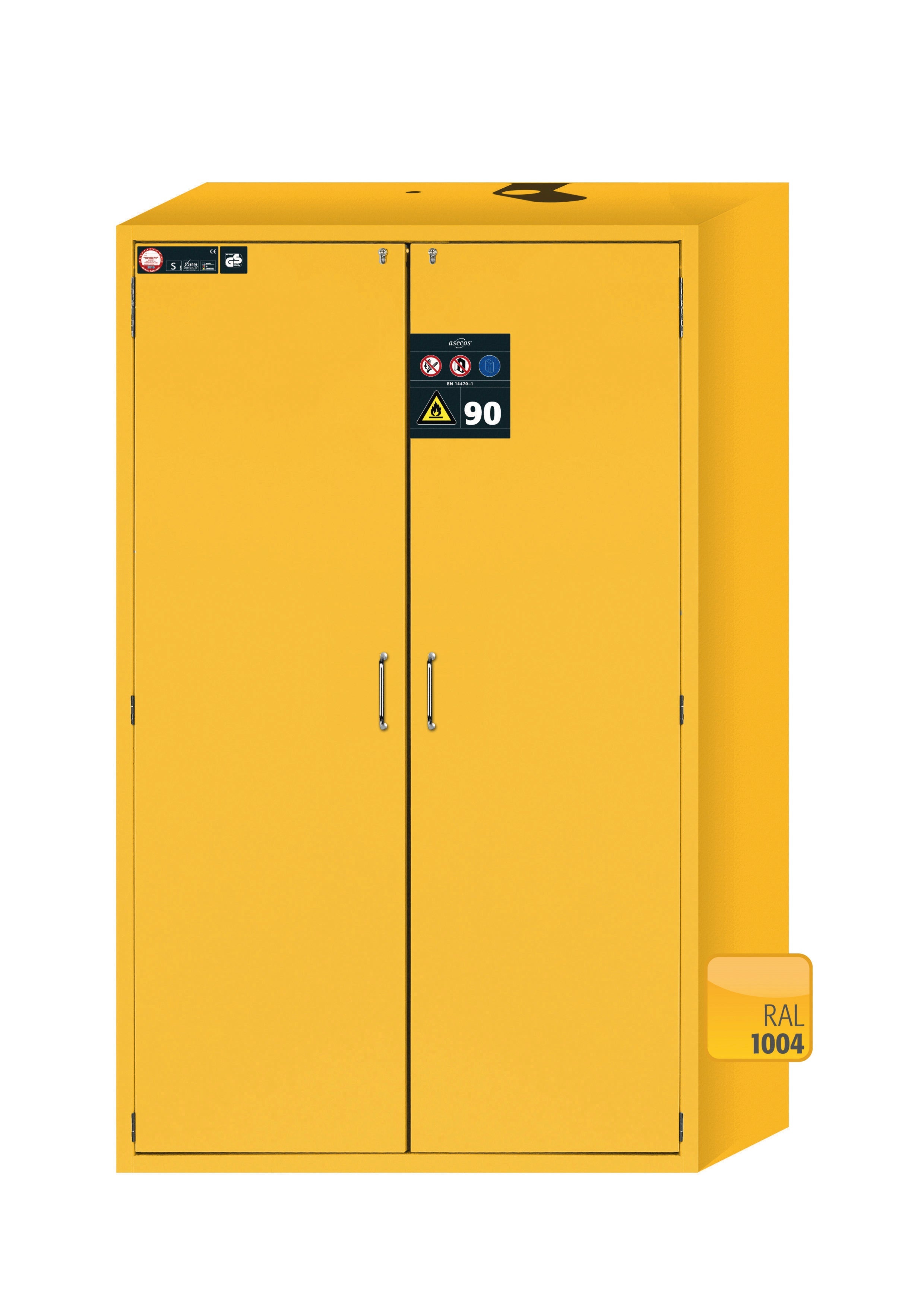 Type 90 safety cabinet S-CLASSIC-90 model S90.196.120.MV.WDAS in safety yellow RAL 1004 with 6x standard pull-out tray (stainless steel 1.4301)
