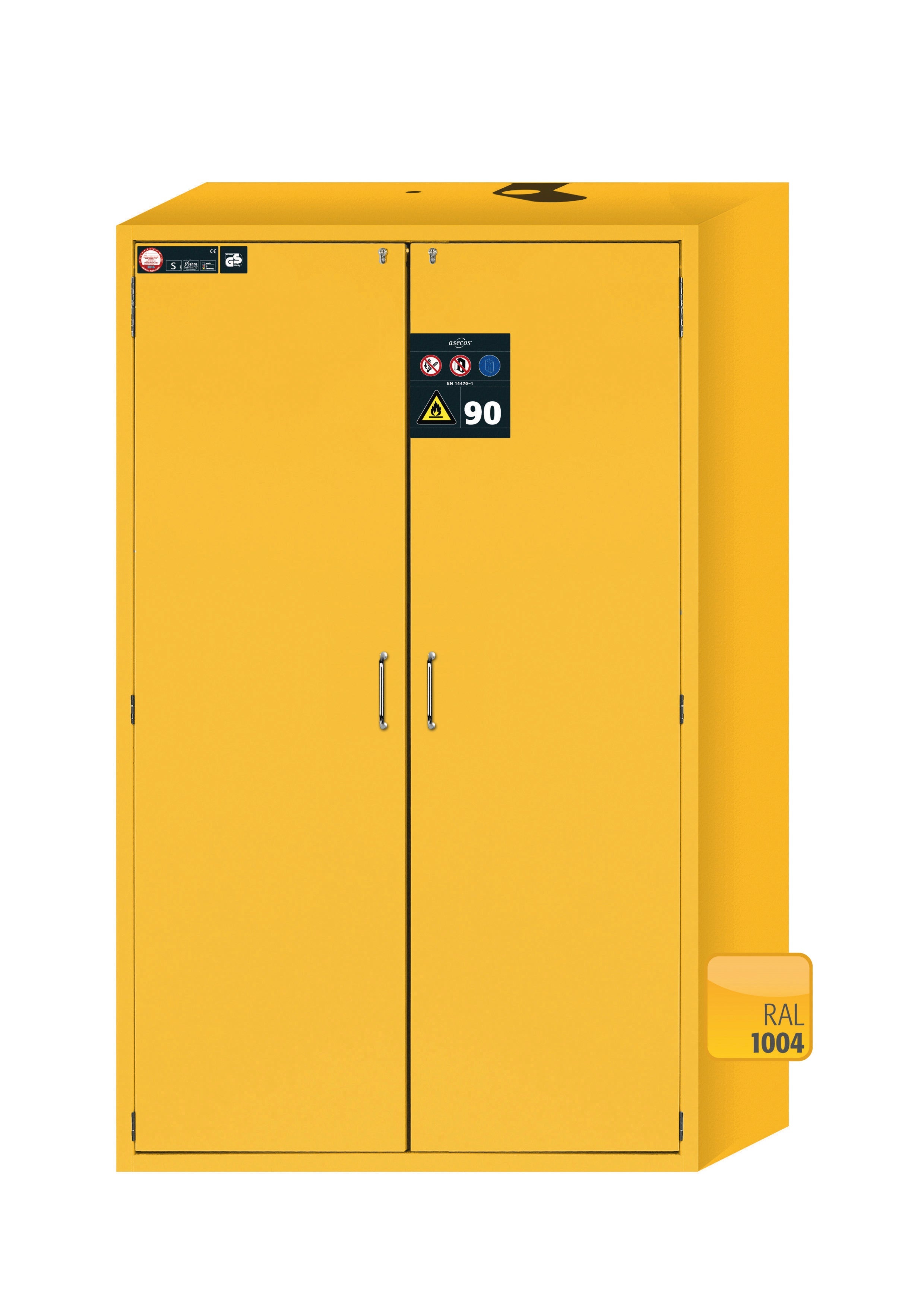 Type 90 safety storage cabinet S-CLASSIC-90 model S90.196.120.WDAS in warning yellow RAL 1004 with 4x drawer (standard) (stainless steel 1.4301),