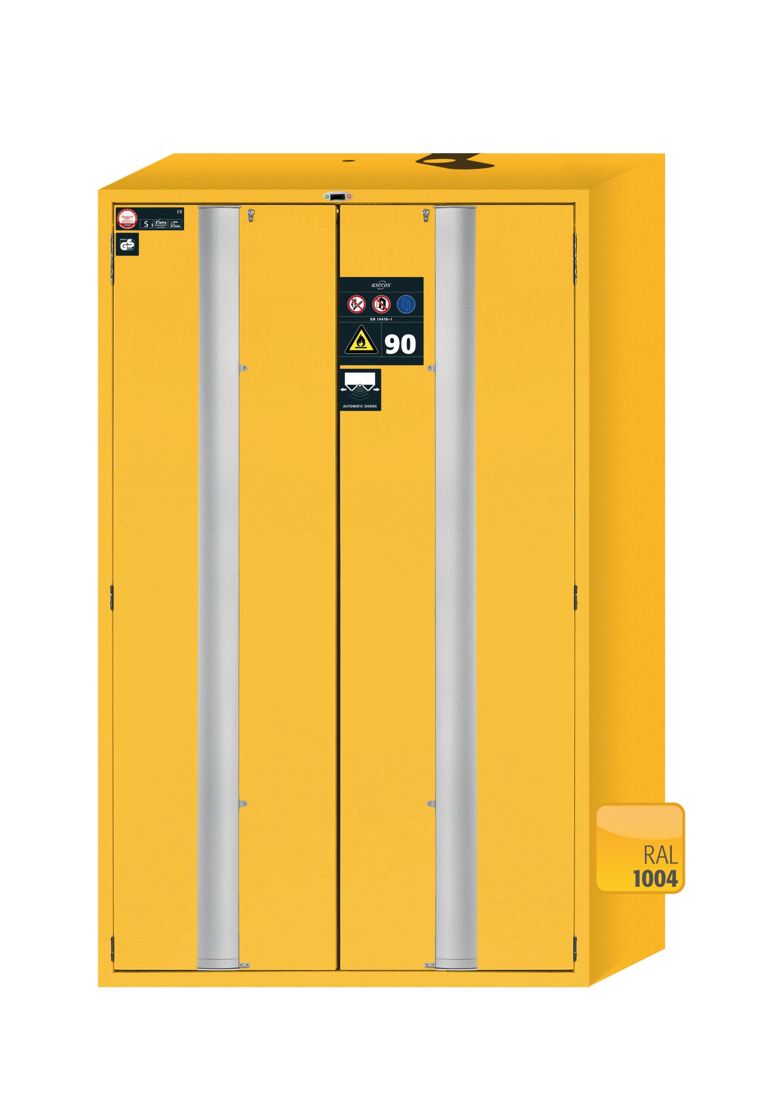 Type 90 safety cabinet S-PHOENIX touchless-90 model S90.196.120.FDAO in safety yellow RAL 1004 with 5x standard pull-out tray (stainless steel 1.4301)