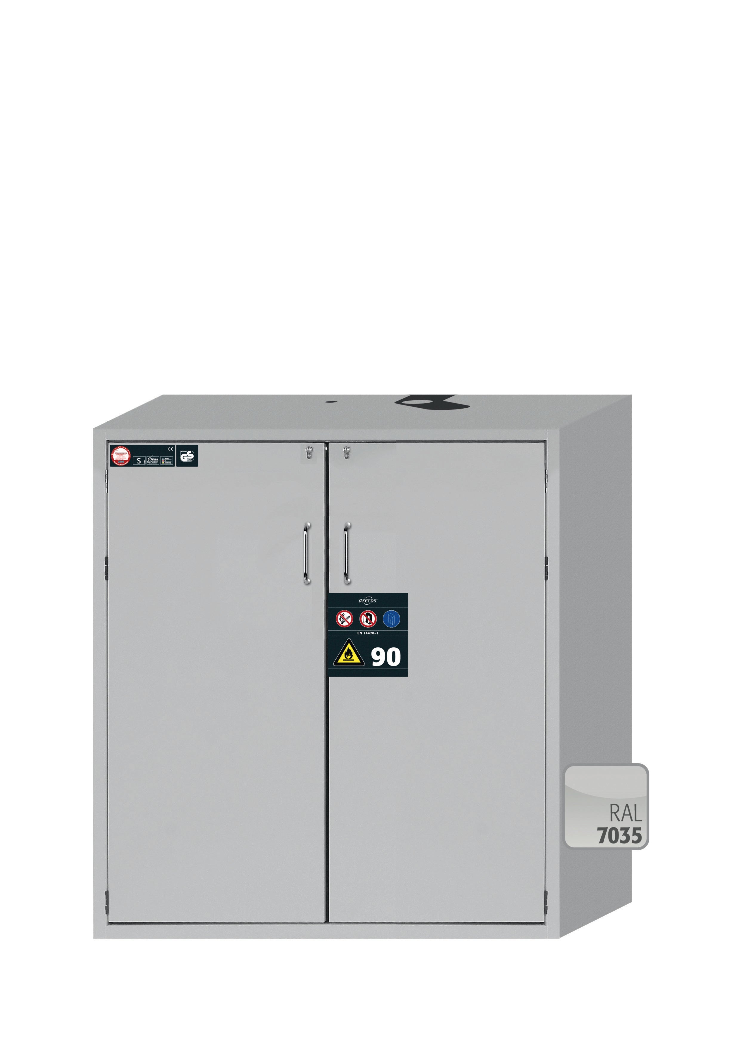 Typ 90 Sicherheitsschrank S-CLASSIC-90 Modell S90.129.120 in lichtgrau RAL 7035 mit 2x Wannenboden Standard (Edelstahl 1.4016)
