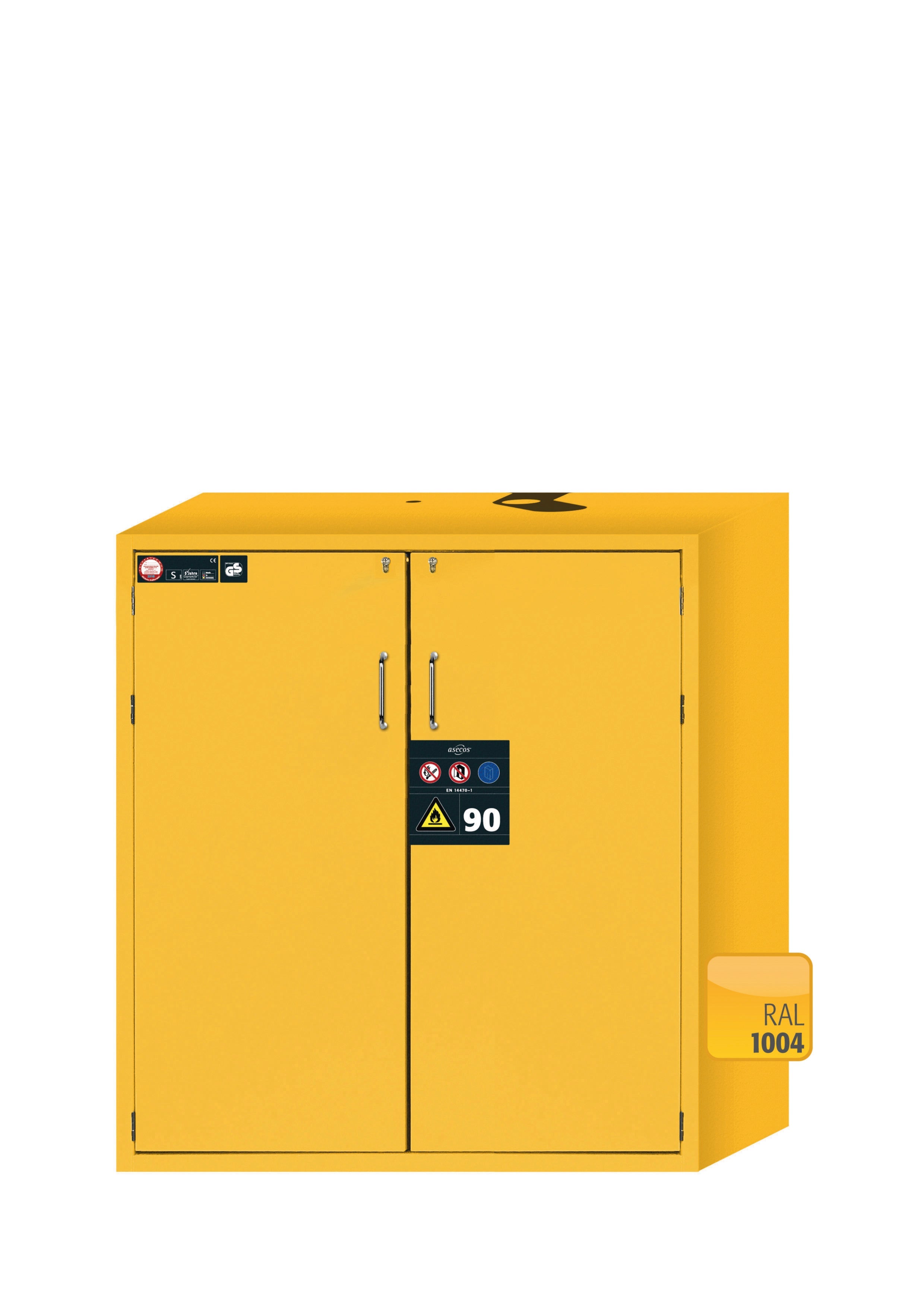 Armoire de sécurité type 90 S-CLASSIC-90 modèle S90.129.120.WDAS en jaune de sécurité RAL 1004 avec 3 plateaux coulissants standard (tôle d'acier)