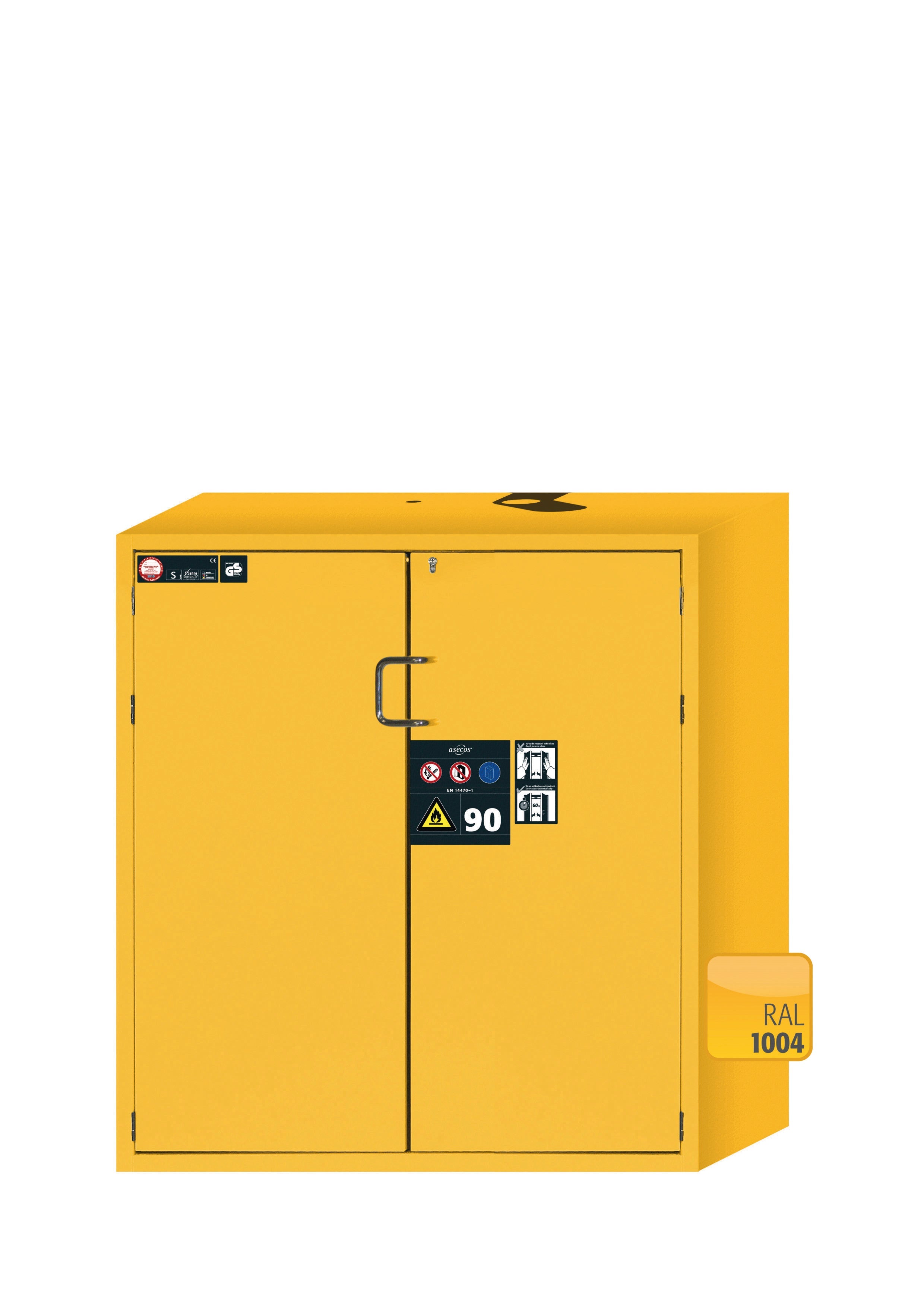 Type 90 safety cabinet S-PEGASUS-90 model S90.129.120.WDAC in safety yellow RAL 1004 with 2x standard pull-out tray (stainless steel 1.4301)