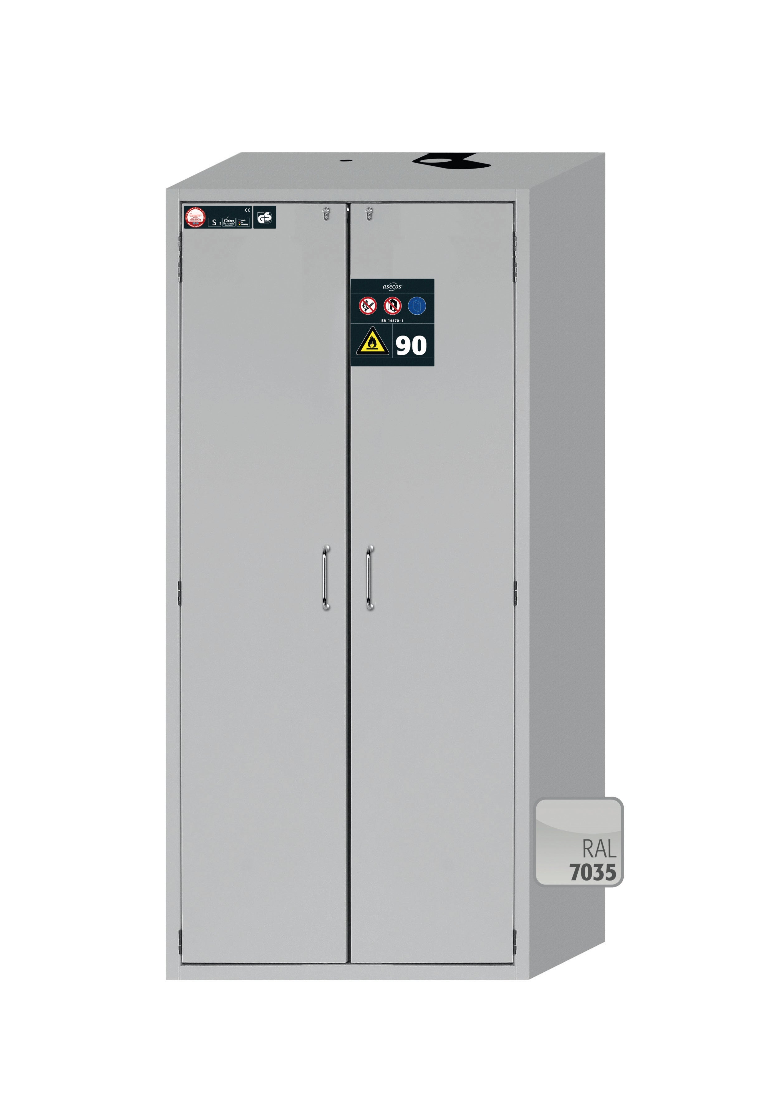 Armoire de sécurité type 90 S-CLASSIC-90 modèle S90.196.090.WDAS en gris clair RAL 7035 avec 4x plateaux coulissants standard (acier inoxydable 1.4301)