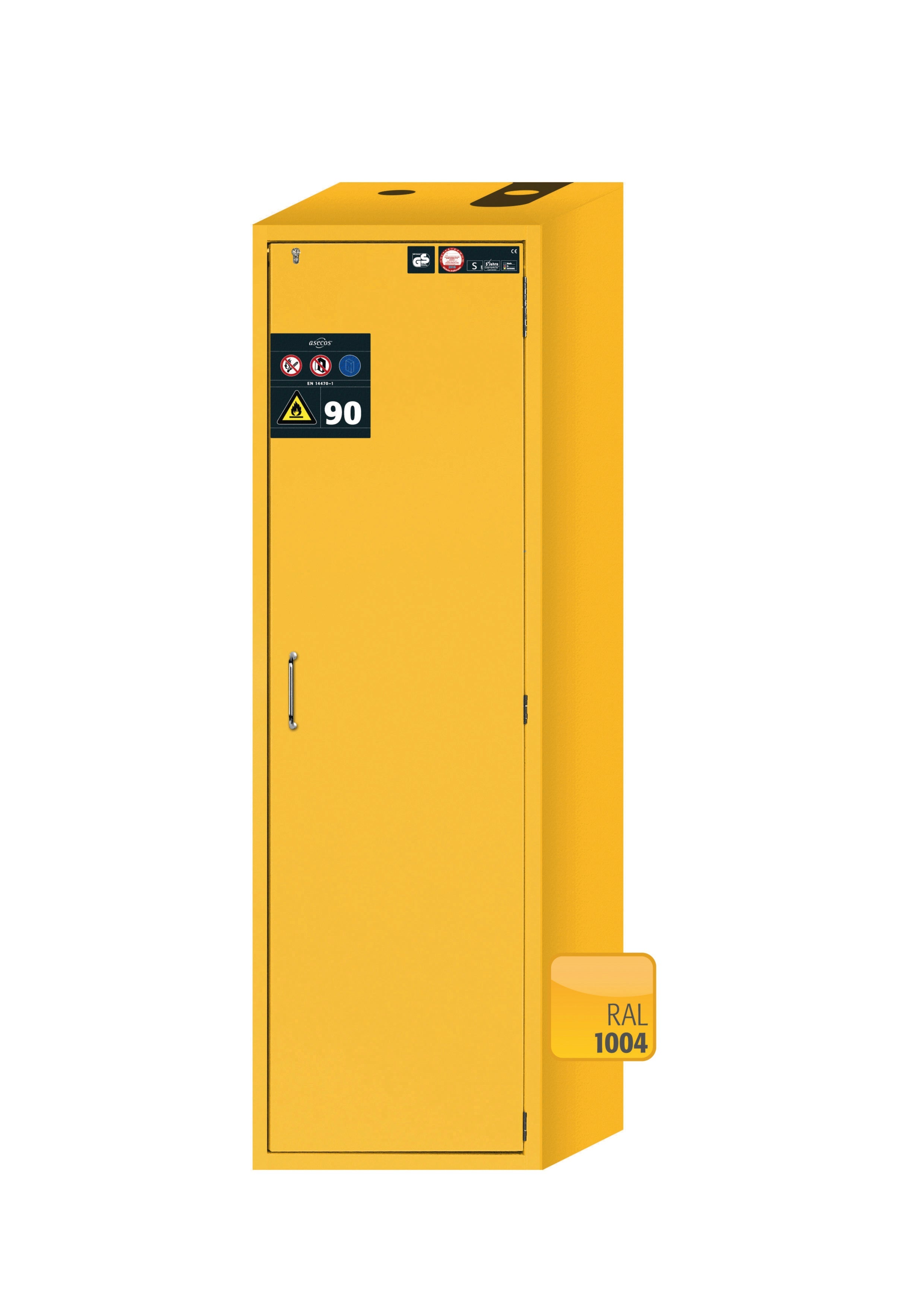 Armoire de sécurité type 90 S-CLASSIC-90 modèle S90.196.060.R en jaune de sécurité RAL 1004 avec 2x pieds de plateau standard (acier inoxydable 1.4301)