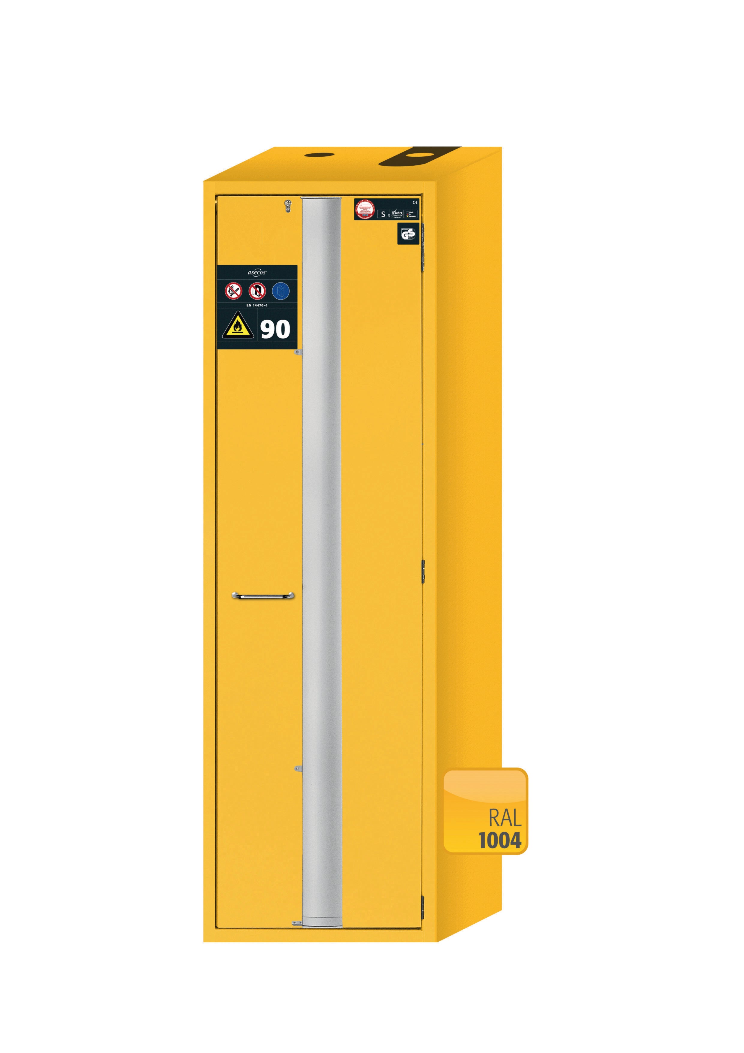Type 90 safety cabinet S-PHOENIX Vol.2-90 model S90.196.060.FDACR in safety yellow RAL 1004 with 2x standard pull-out tray (sheet steel)