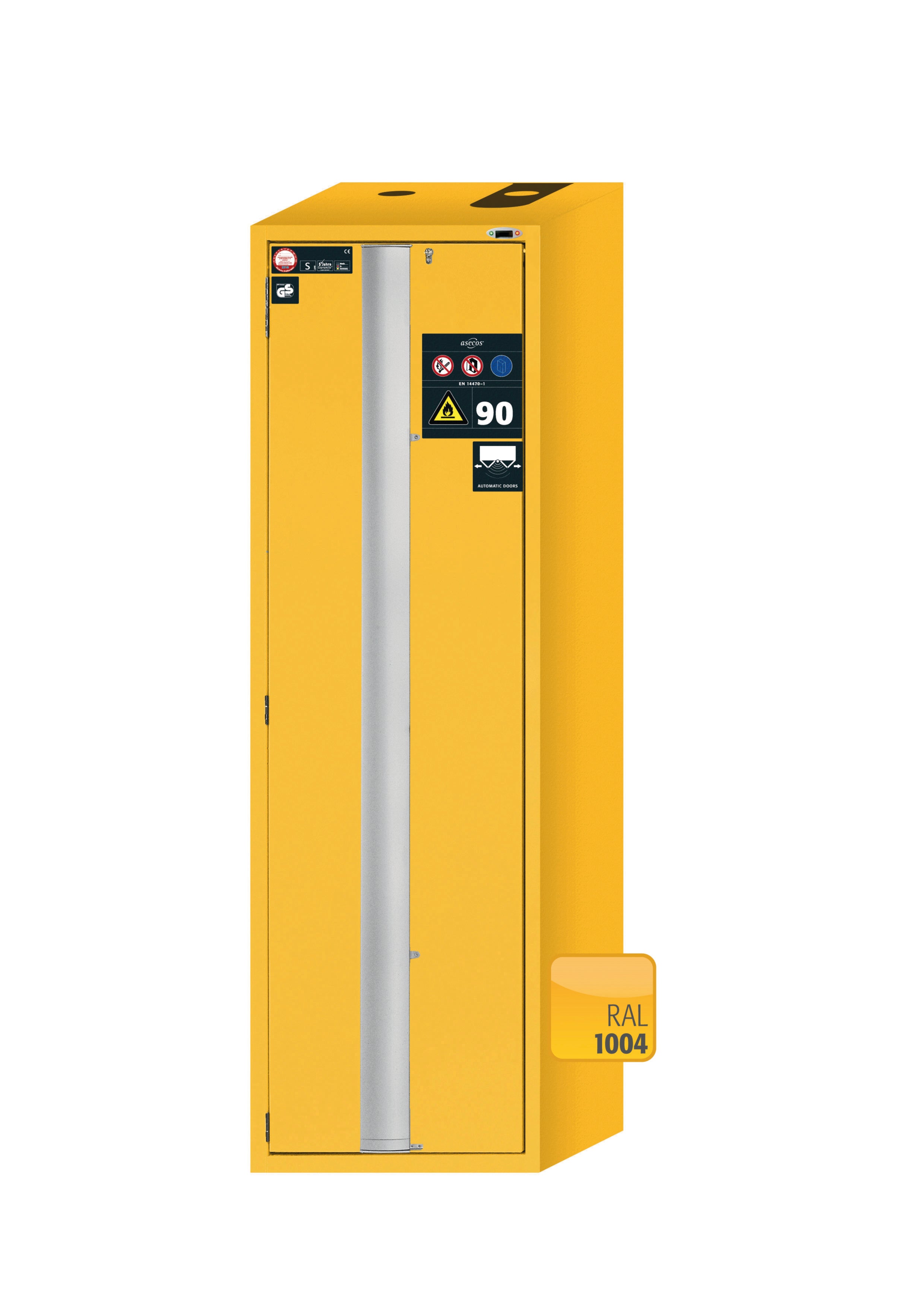 Type 90 safety cabinet S-PHOENIX touchless-90 model S90.196.060.FDAO in safety yellow RAL 1004 with 5x standard pull-out tray (sheet steel)