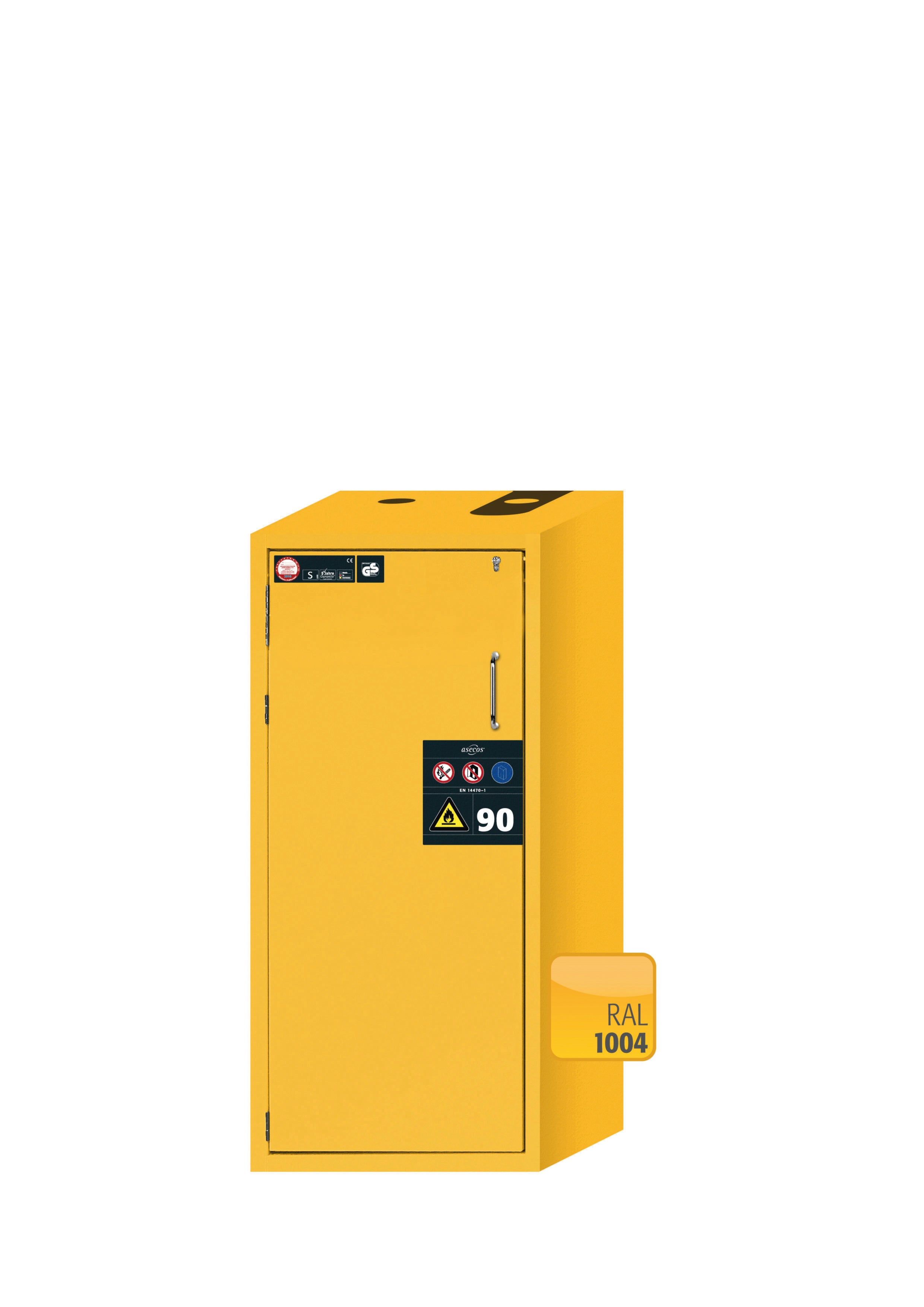 Armoire de sécurité type 90 S-CLASSIC-90 modèle S90.129.060 en jaune de sécurité RAL 1004 avec 3x socles à plateaux standard (acier inoxydable 1.4301)