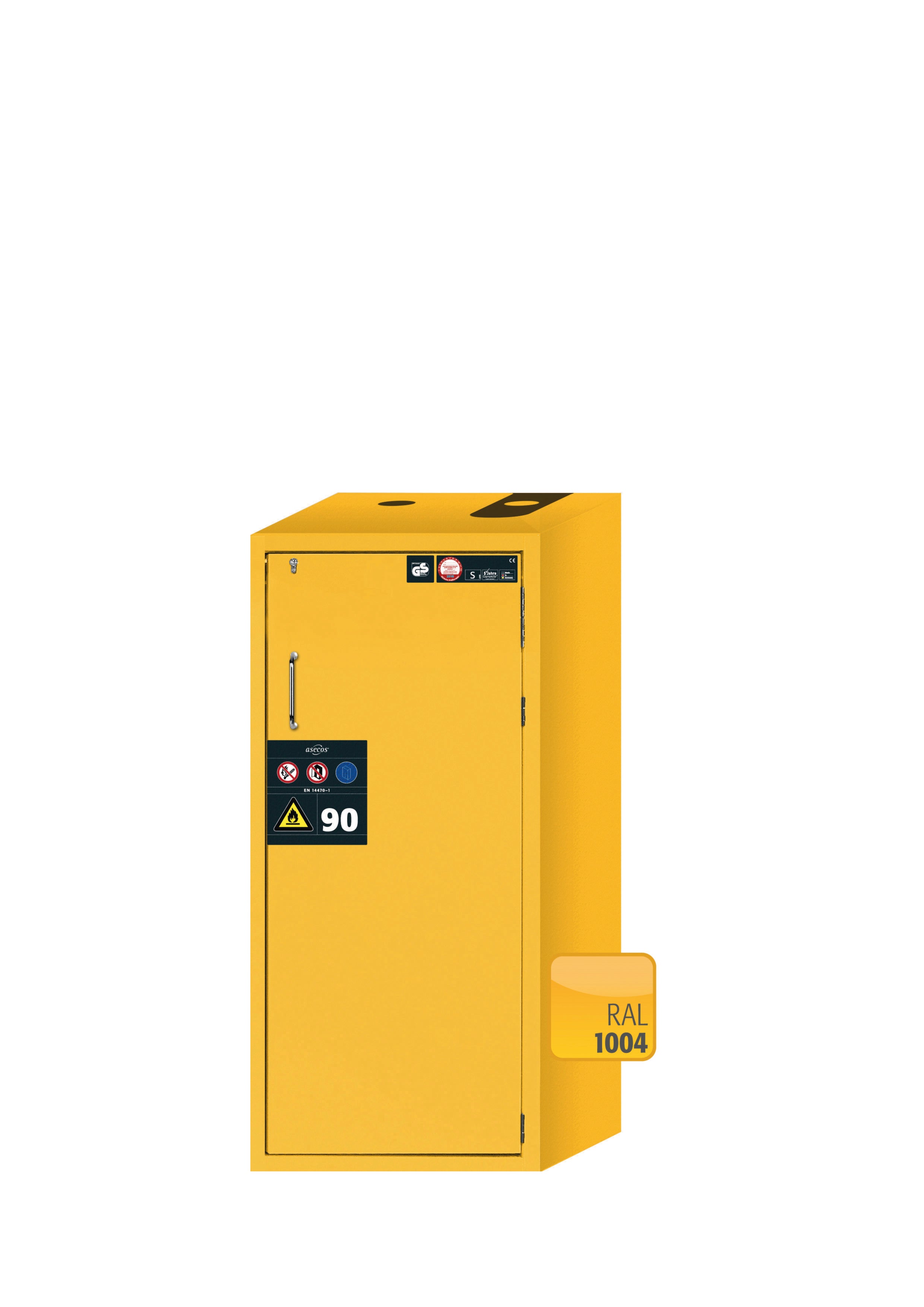 Type 90 safety cabinet S-PEGASUS-90 model S90.129.060.WDACR in safety yellow RAL 1004 with 2x standard pull-out tray (sheet steel)