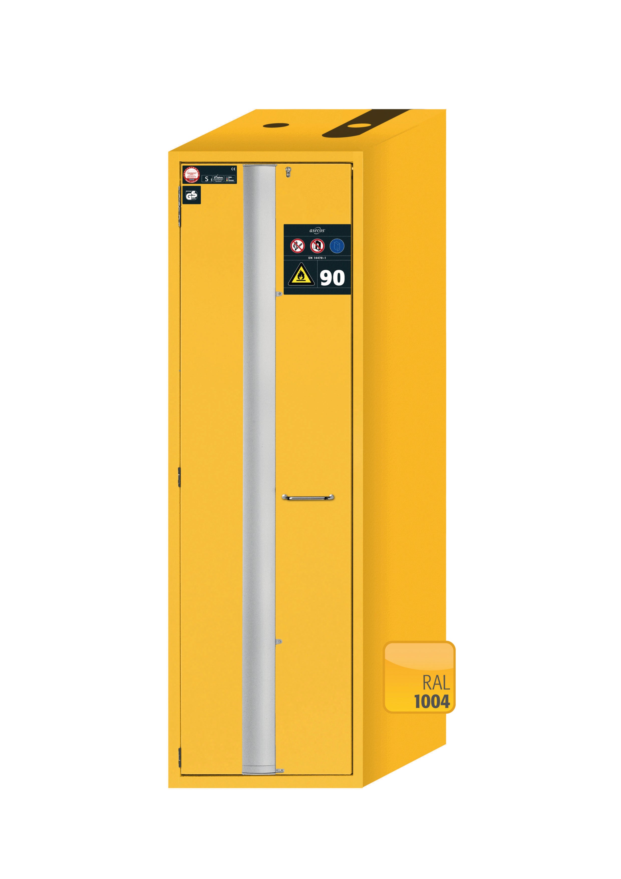 Type 90 safety cabinet S-PHOENIX Vol.2-90 model S90.196.060.075.FDAC in safety yellow RAL 1004 with 5x standard pull-out tray (sheet steel)