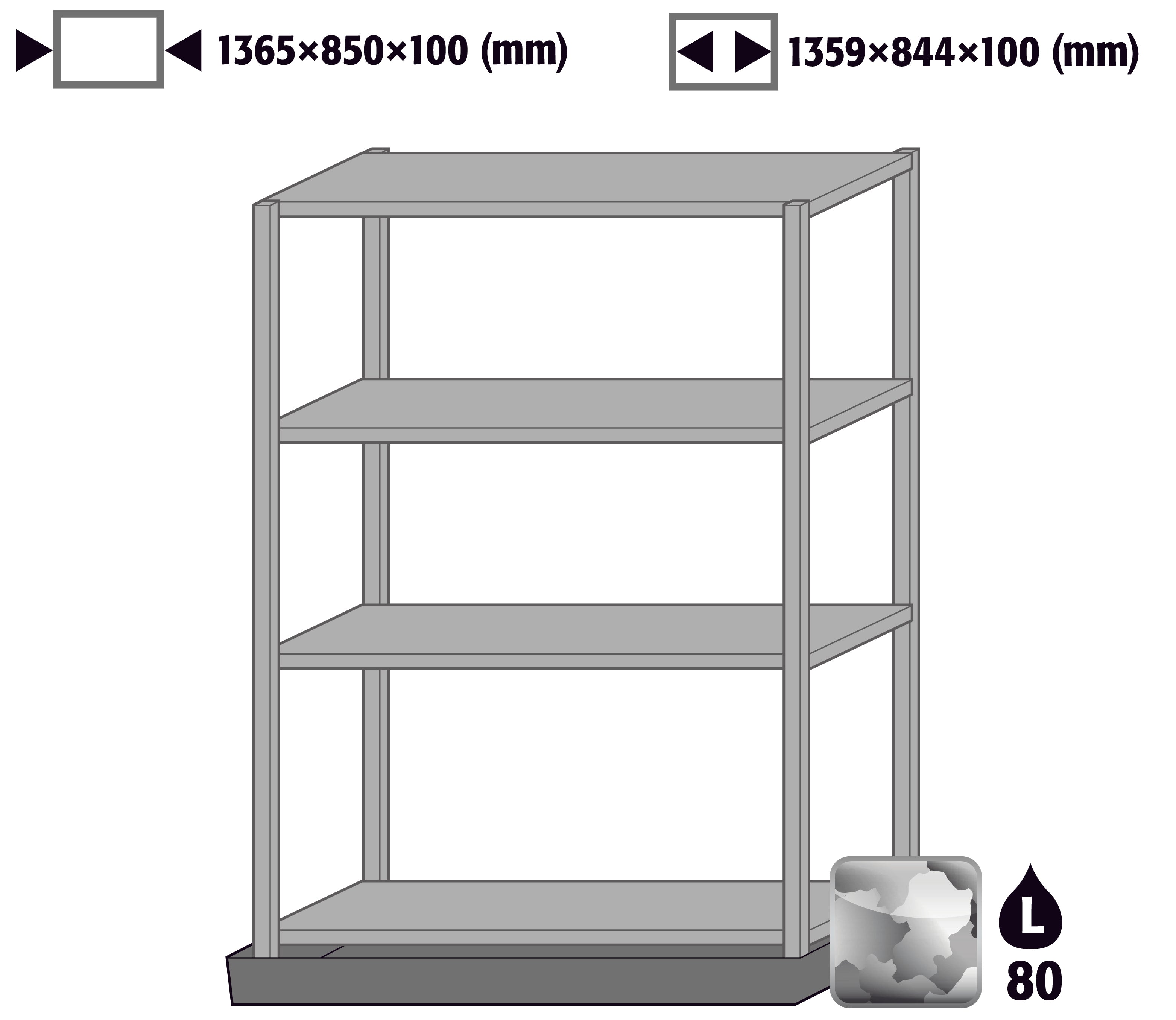 Bottom collecting sump with rack system 4 shelves, depth = 600 mm (capacity: 66.00 litres) for model(s): XL90 with width 1555 mm, steel galvanized