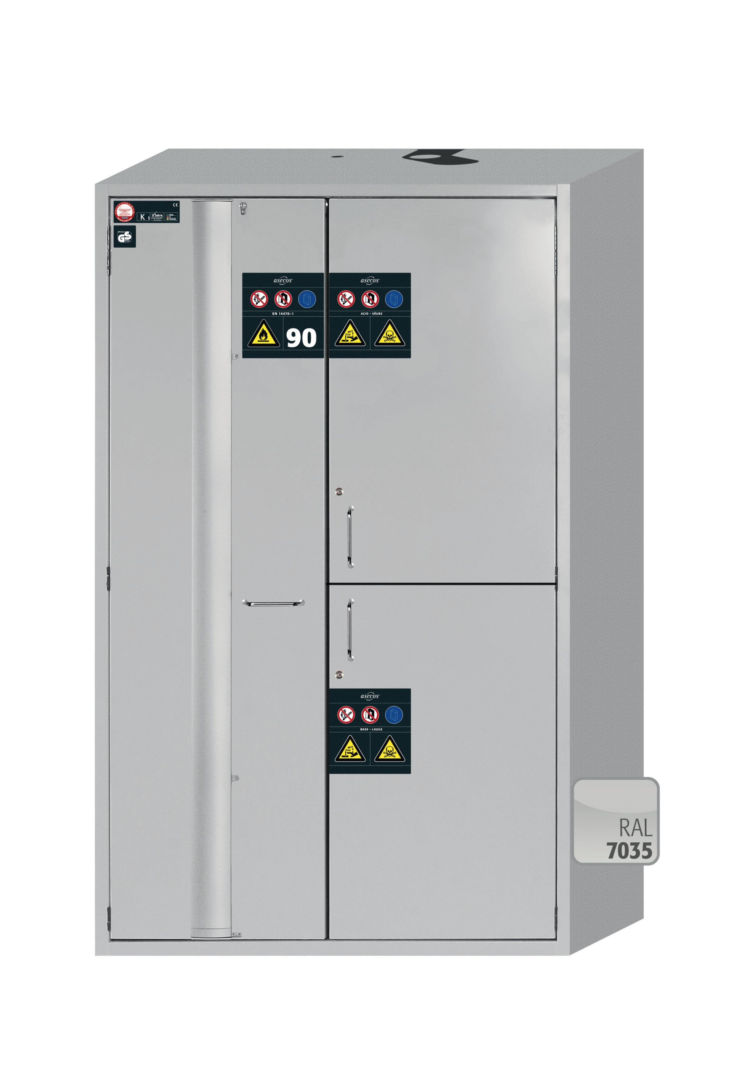Type 90 combination safety cabinet K-PHOENIX Vol.2-90 model K90.196.120.MF.FWAC in light gray RAL 7035 with 3x standard shelves (sheet steel)