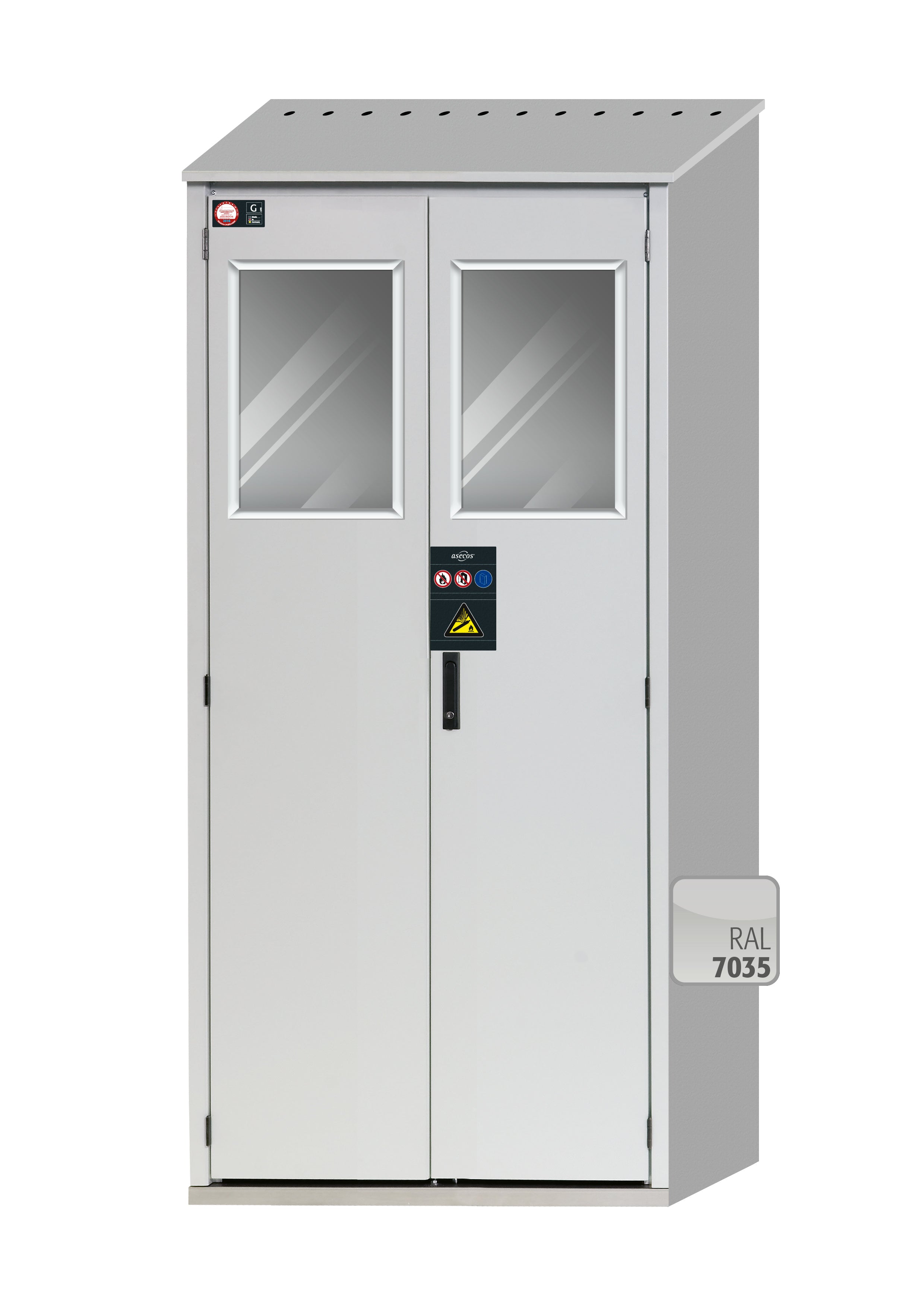 Compressed gas bottle cabinet G-OD model GOD.215.100.WDHW in light gray RAL 7035 with folding window and equipment package for 3x compressed gas bottles of 50 liters each