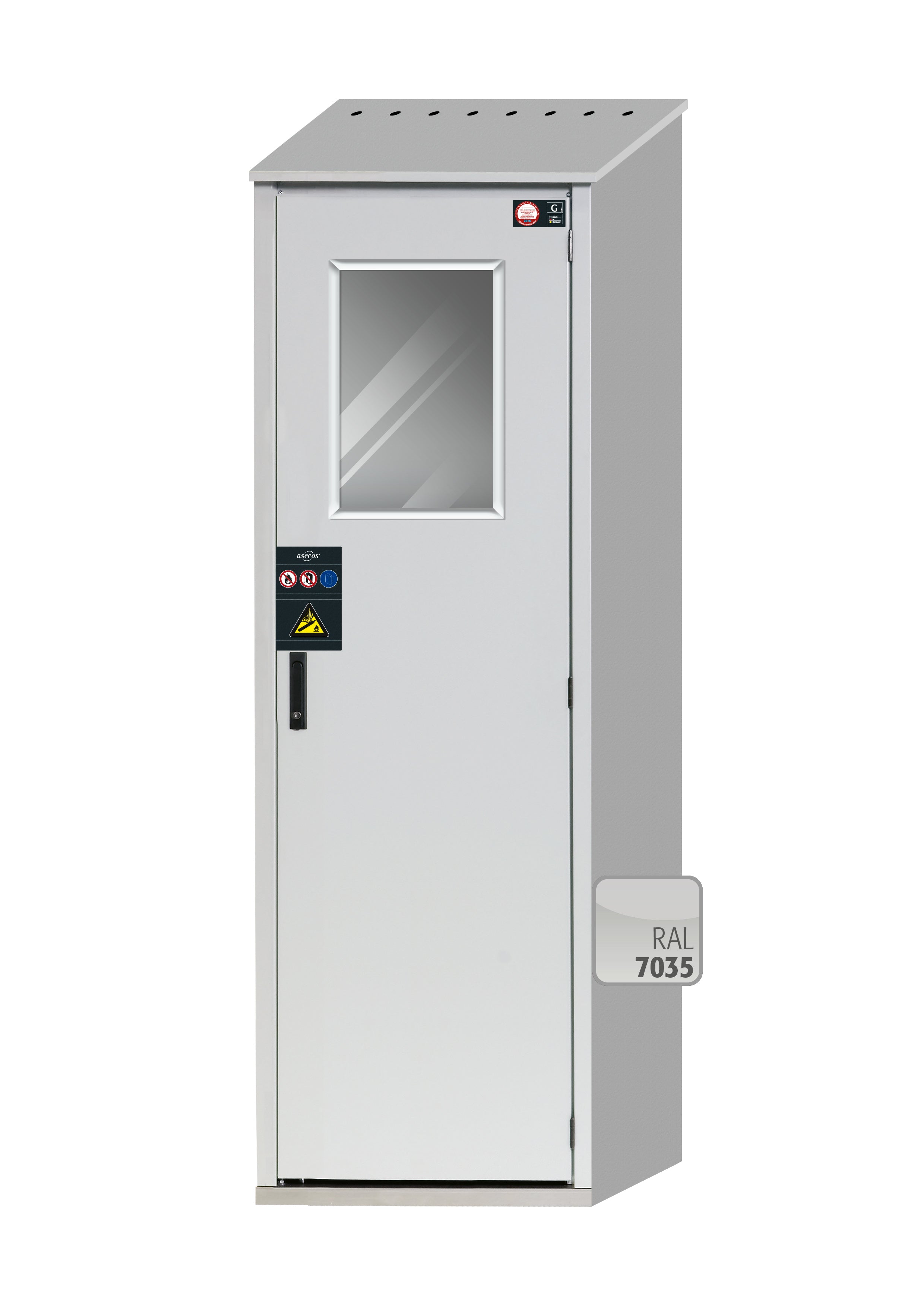 Compressed gas bottle cabinet G-OD model GOD.215.070.WDHWR in light gray RAL 7035 with folding window and equipment package for 2x compressed gas bottles of 50 liters each