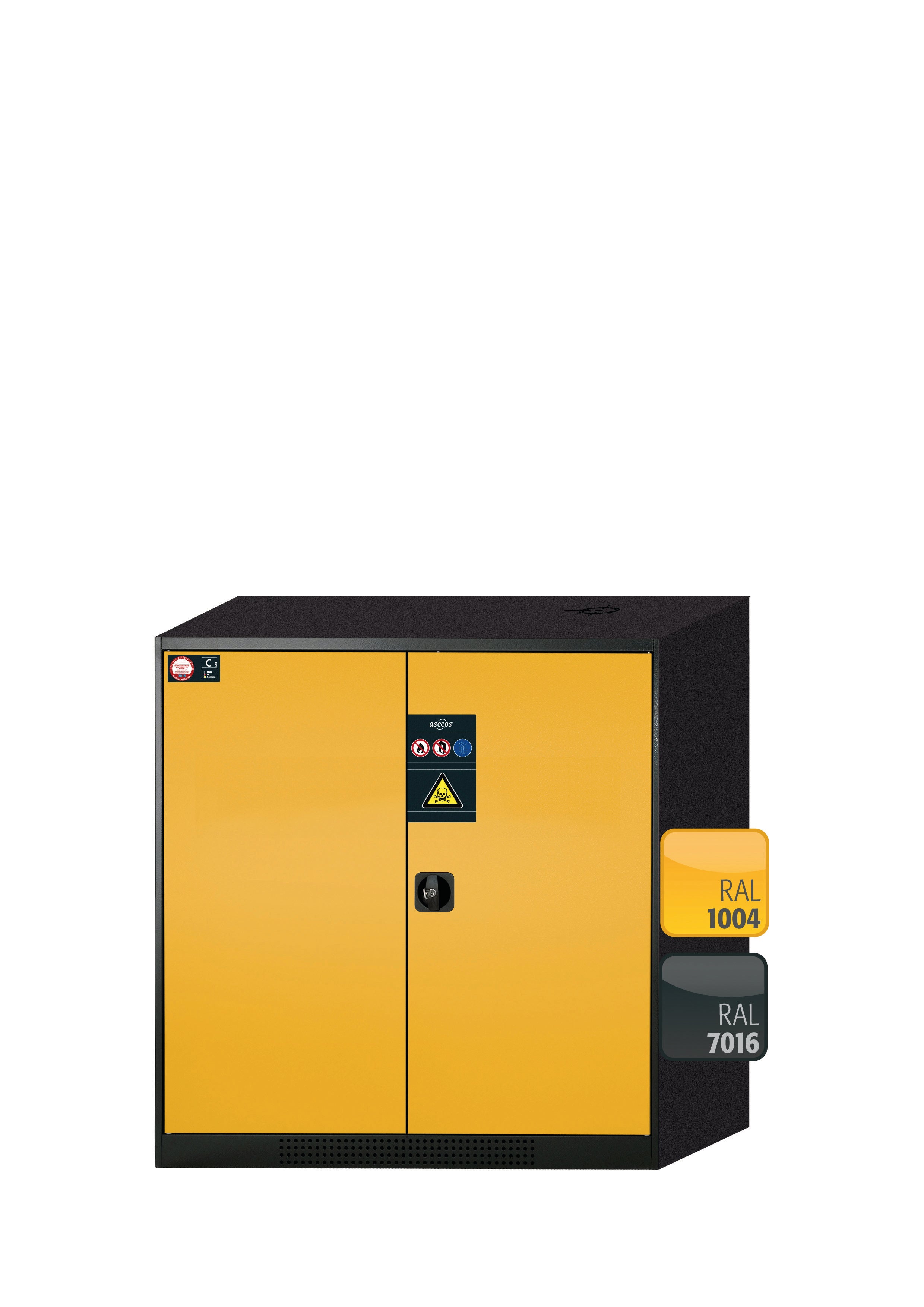 Armoire chimique CS-CLASSIC modèle CS.110.105 en jaune sécurité RAL 1004 avec 3 étagères coulissantes AbZ (tôle d'acier/polypropylène)