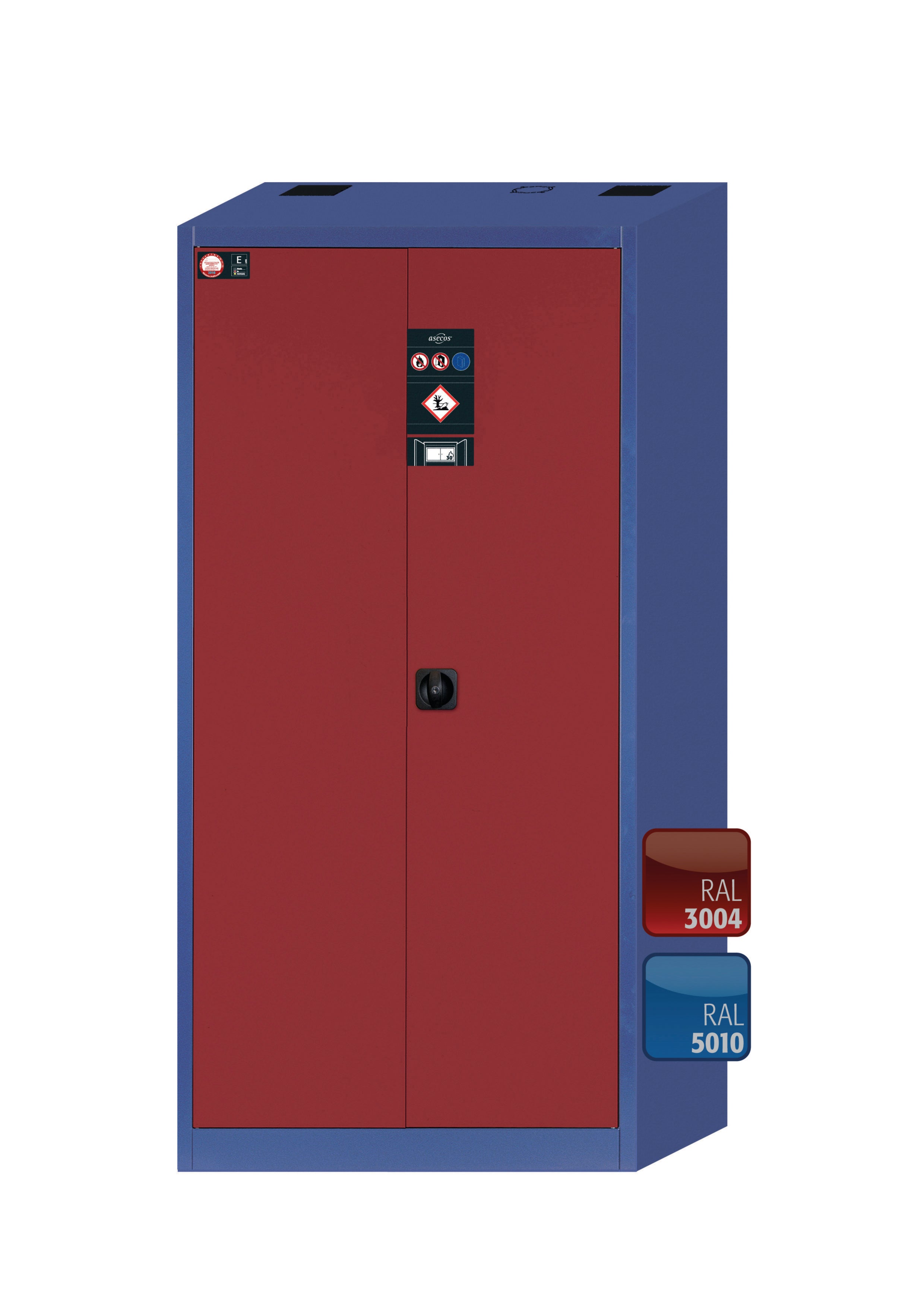 Environmental cabinet E-CLASSIC-UF model E.195.095.F2 (àœHP equipment incl. Type 30 box) in purple red RAL 3004 with 2x tray base STAWA-R (sheet steel)