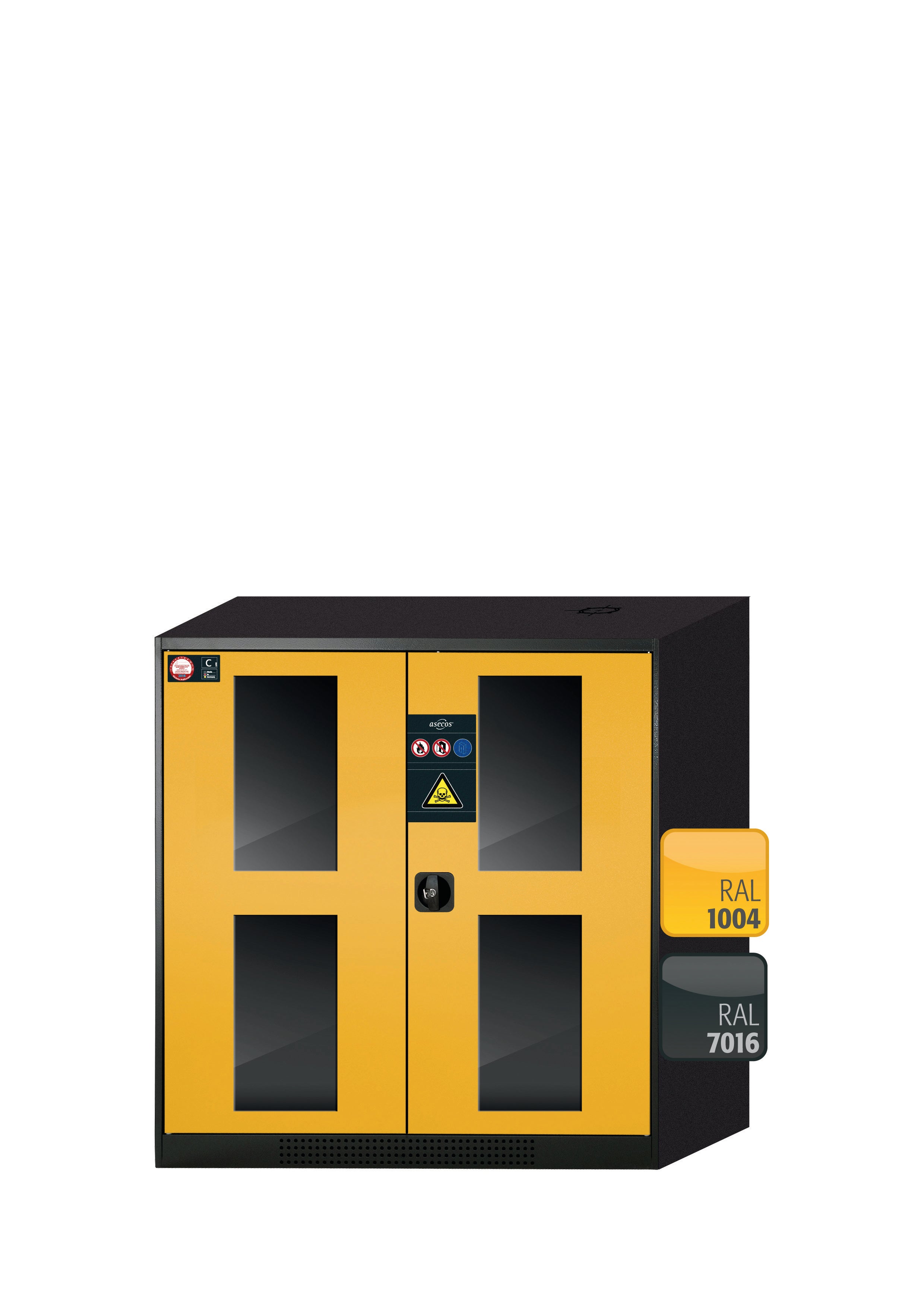 Armoire chimique CS-CLASSIC-G modèle CS.110.105.WDFW en jaune de sécurité RAL 1004 avec 3 tiroirs coulissants AbZ (tôle d'acier/polypropylène)