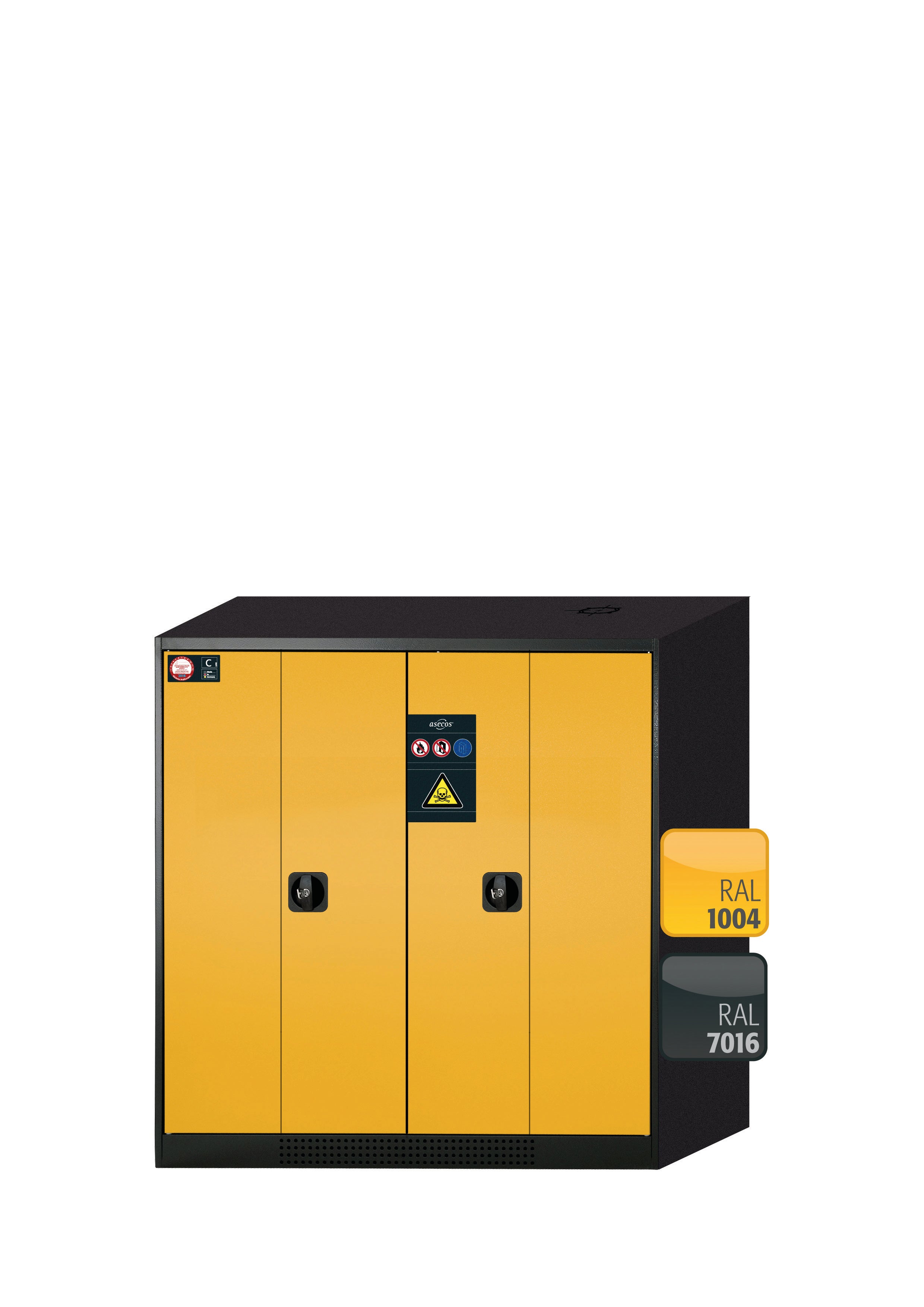 Chemical cabinet CS-PHOENIX model CS.110.105.FD in safety yellow RAL 1004 with 2x AbZ pull-out shelves (sheet steel/polypropylene)